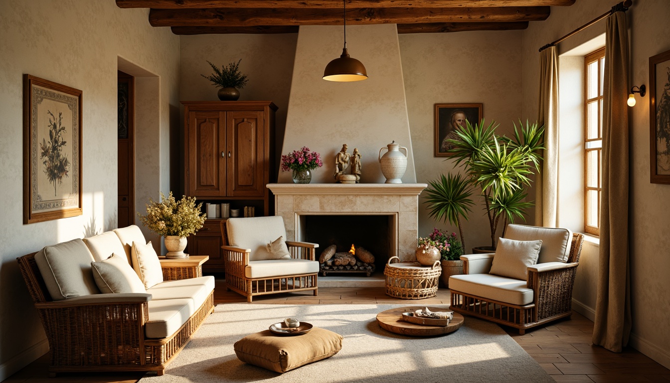 Prompt: Rustic French country estate, soft golden lighting, warm beige walls, distressed wood accents, natural linen fabrics, vintage lace trimmings, woven wicker furniture, plush velvet upholstery, ornate carved wooden decorations, delicate porcelain vases, fresh flower arrangements, lush greenery, subtle stone textures, earthy color palette, cozy atmosphere, 1/1 composition, intimate warm lighting, shallow depth of field.