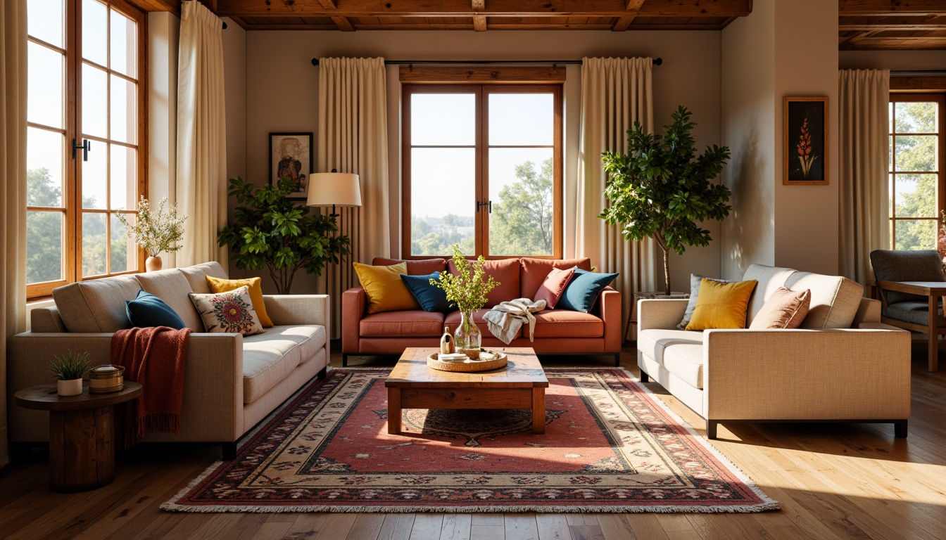 Prompt: Cozy living room, plush throw blankets, velvety soft couches, patterned rugs, warm beige walls, natural wood furniture, floor-to-ceiling windows, gentle sunlight, comfortable reading nooks, stylish accent chairs, vibrant colorful pillows, intricate geometric patterns, Moroccan-inspired tiles, rustic wooden coffee tables, ambient warm lighting, shallow depth of field, 3/4 composition, realistic textures.