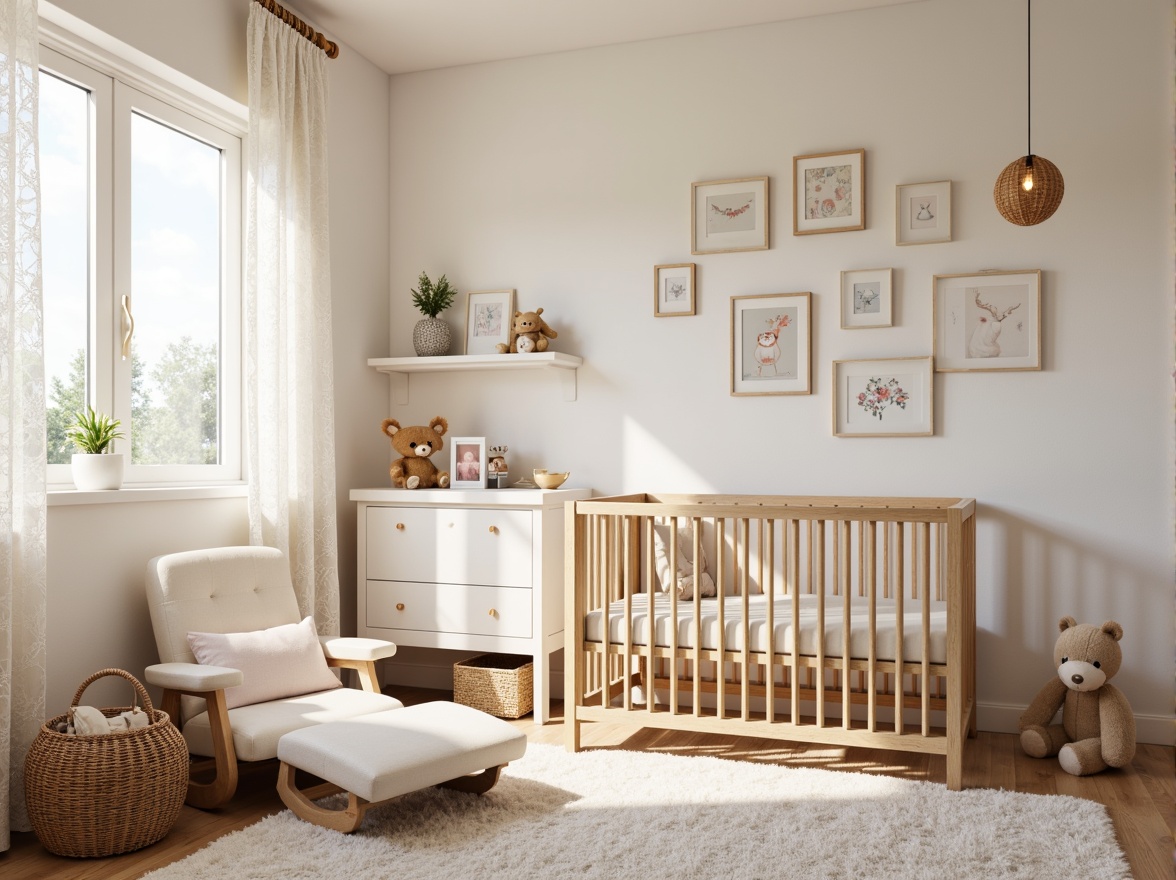 Prompt: Whimsical nursery, soft pastel colors, delicate florals, plush area rug, wooden crib, lace curtains, gentle lighting, adorable stuffed animals, baby block decorations, personalized wall art, creamy white furniture, rounded edges, soothing ambiance, warm beige tones, natural wood accents, playful polka dots, cozy reading nook, comfortable glider, sweet nursery rhymes, delicate mobiles, shimmering fairy lights.