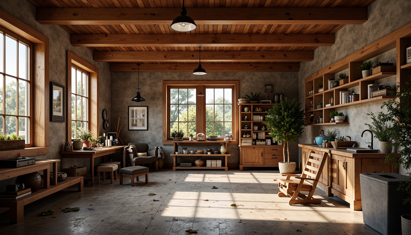 Prompt: Cozy family garage, warm earthy tones, rich wood accents, rustic metal tools, vintage car models, distressed concrete floors, industrial pendant lights, soft natural lighting, afternoon sunbeams, 1/1 composition, shallow depth of field, realistic textures, ambient occlusion.