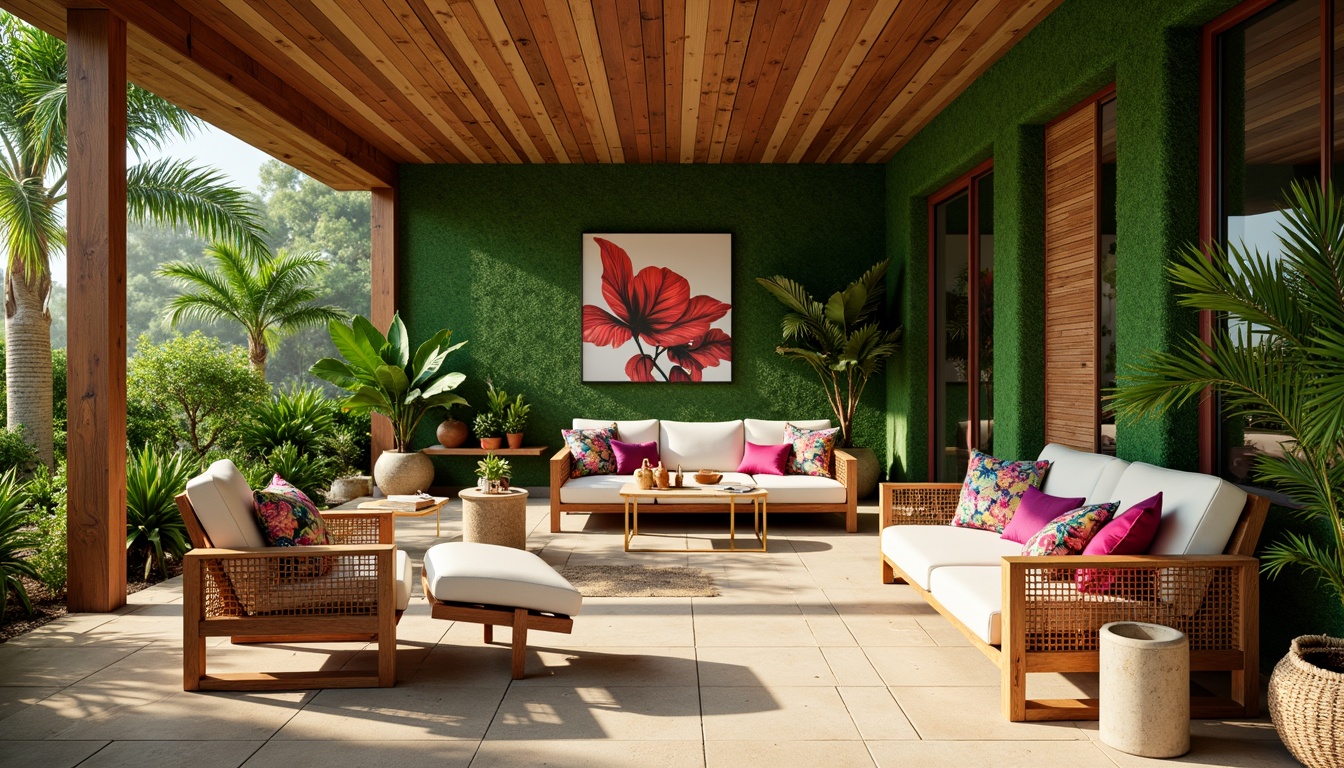 Prompt: Vibrant tropical plants, exotic palm trees, bright floral patterns, warm beige sandstone floors, sleek wooden accents, modern minimalist furniture, natural woven textiles, rattan chairs, wicker baskets, colorful tassel details, bold geometric shapes, metallic gold hardware, luxurious velvet pillows, lush green walls, floor-to-ceiling windows, sliding glass doors, soft warm lighting, shallow depth of field, 3/4 composition, panoramic view, realistic textures, ambient occlusion.