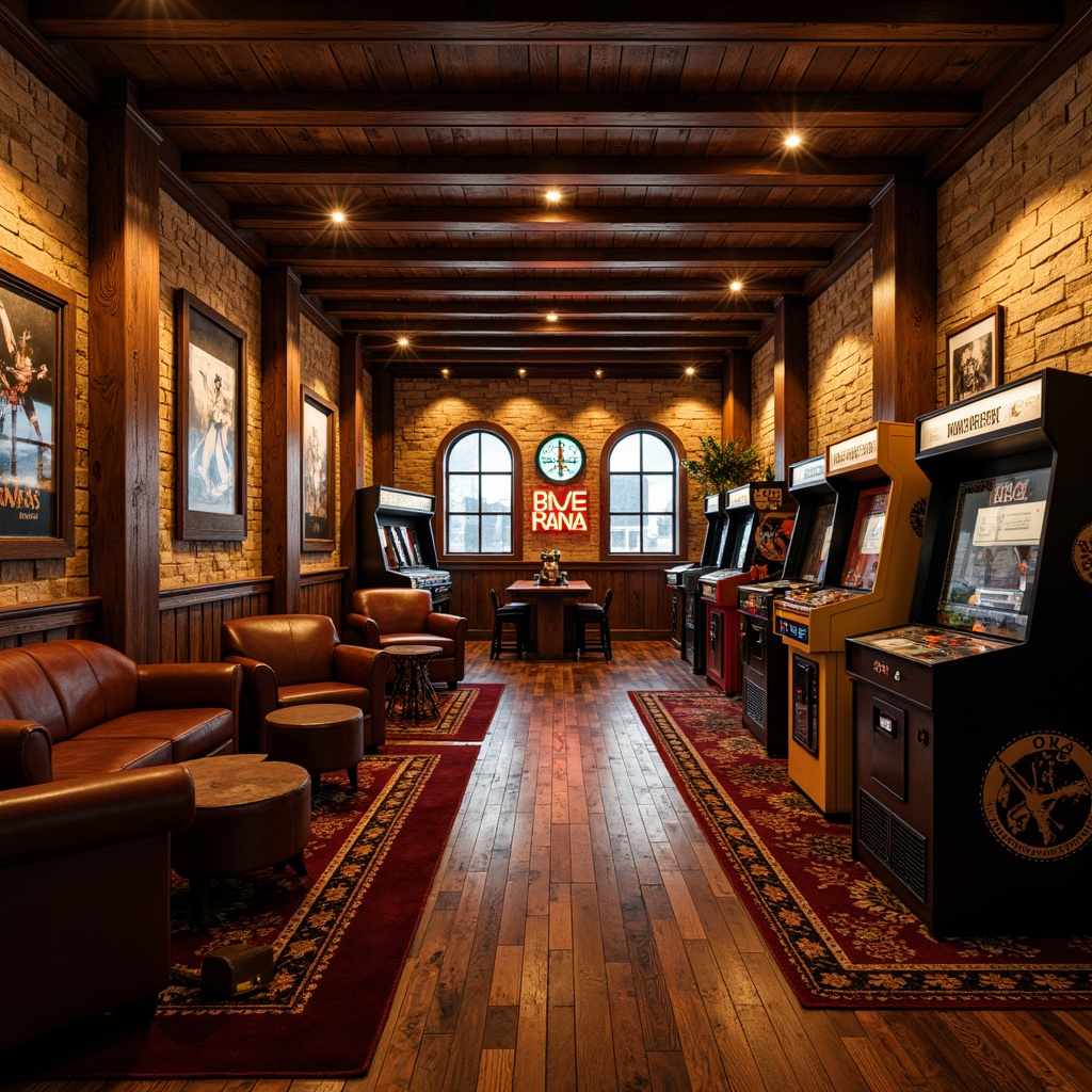 Prompt: Rustic game room, wooden accents, earthy tones, reclaimed hardwood floors, distressed wood textures, stone walls, vintage arcade machines, neon signs, cozy seating areas, plush carpets, rich leather furniture, warm ambient lighting, dramatic shadows, cinematic composition, 1/1 aspect ratio, shallow depth of field, realistic reflections.