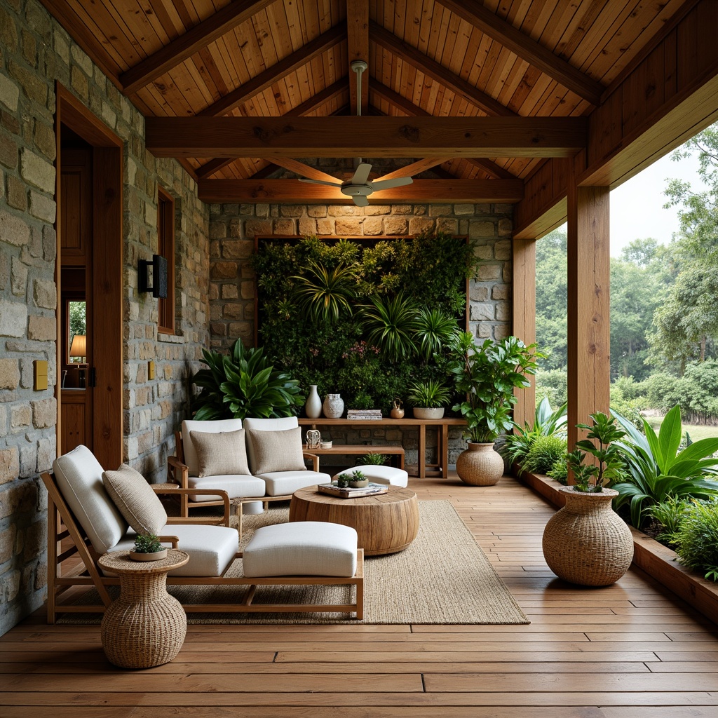 Prompt: Organic cabin, reclaimed wood accents, stone walls, earthy color palette, lush greenery, natural textiles, woven bamboo furniture, rattan decor, living walls, vertical gardens, eco-friendly materials, sustainable design, minimalist aesthetic, warm ambient lighting, soft shadows, 1/2 composition, intimate scale, cozy atmosphere.