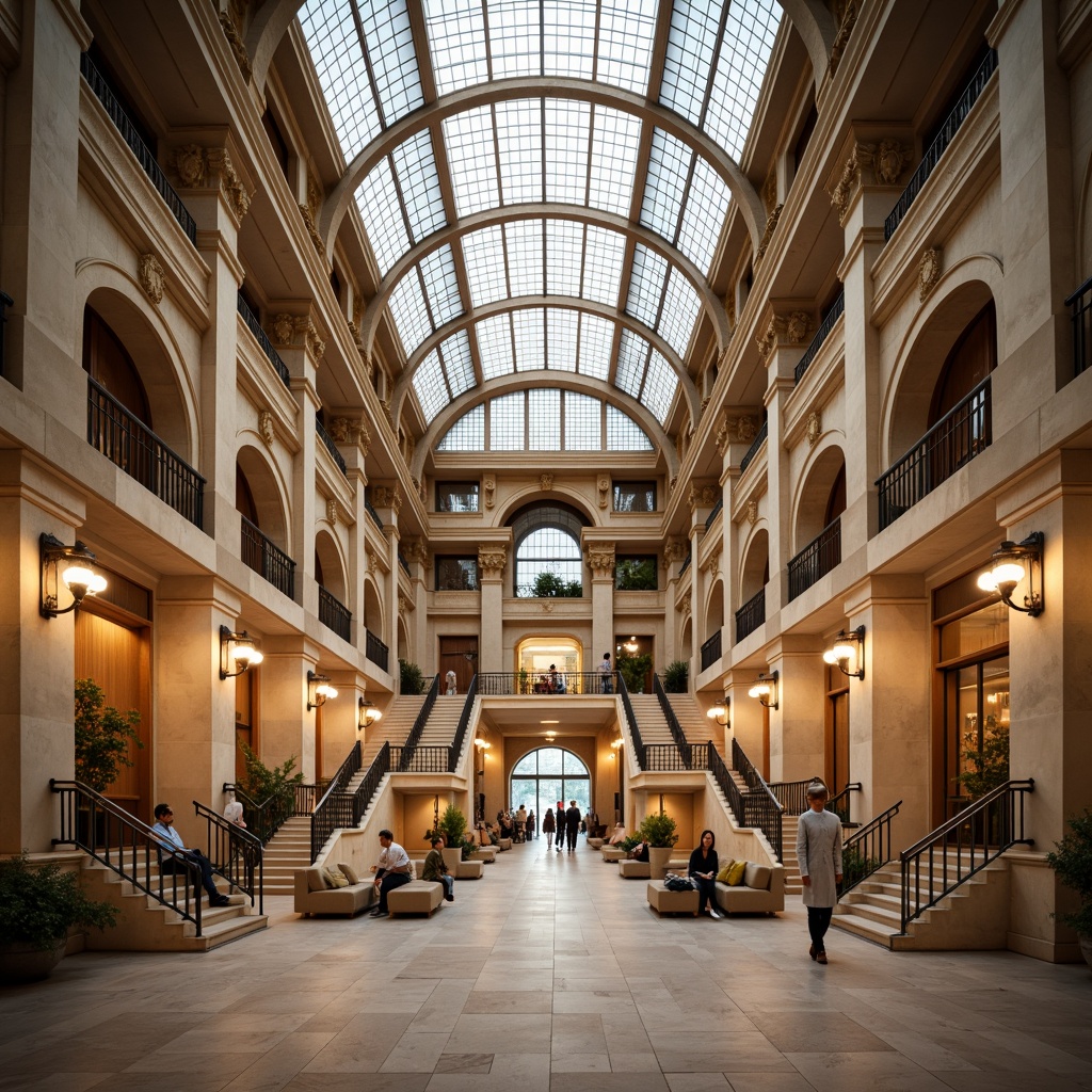 Prompt: Grand train station, neoclassical architecture, majestic columns, ornate capitals, limestone fa\u00e7ade, symmetrical design, imposing entrance, sweeping staircases, vaulted ceilings, intricate moldings, bronze fixtures, large glass skylights, natural stone flooring, warm beige tones, soft warm lighting, shallow depth of field, 2/3 composition, realistic textures, ambient occlusion.