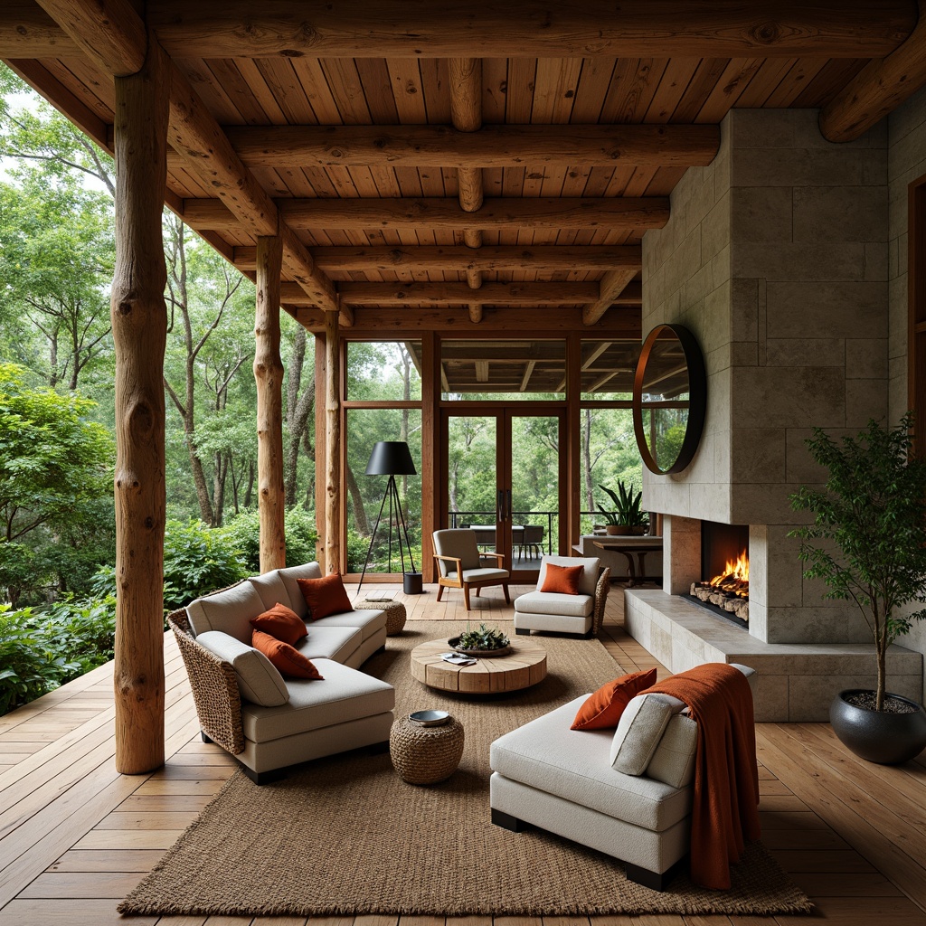 Prompt: Elegant cabin, reclaimed wood accents, natural stone walls, earthy tone color palette, lush greenery surroundings, wooden beam ceilings, cozy fireplace, comfortable seating areas, woven textiles, organic patterns, warm ambient lighting, shallow depth of field, 1/1 composition, intimate atmosphere, nature-inspired decorative elements, sustainable building materials.