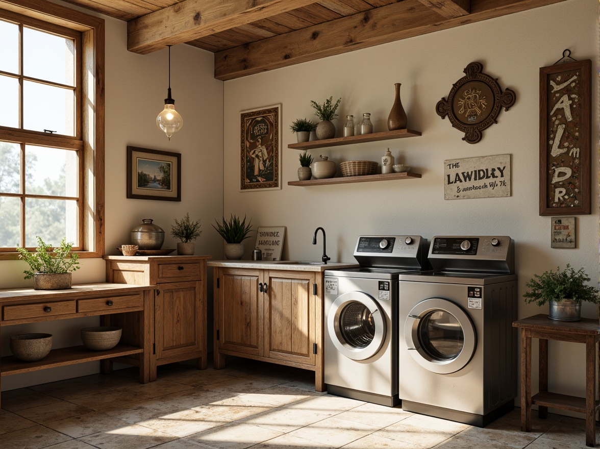 Prompt: Soft cream walls, warm beige accents, distressed wood cabinets, vintage metal appliances, rustic stone floors, traditional laundry signs, ornate ironwork, soft natural lighting, gentle shadows, 1/1 composition, realistic textures, ambient occlusion.