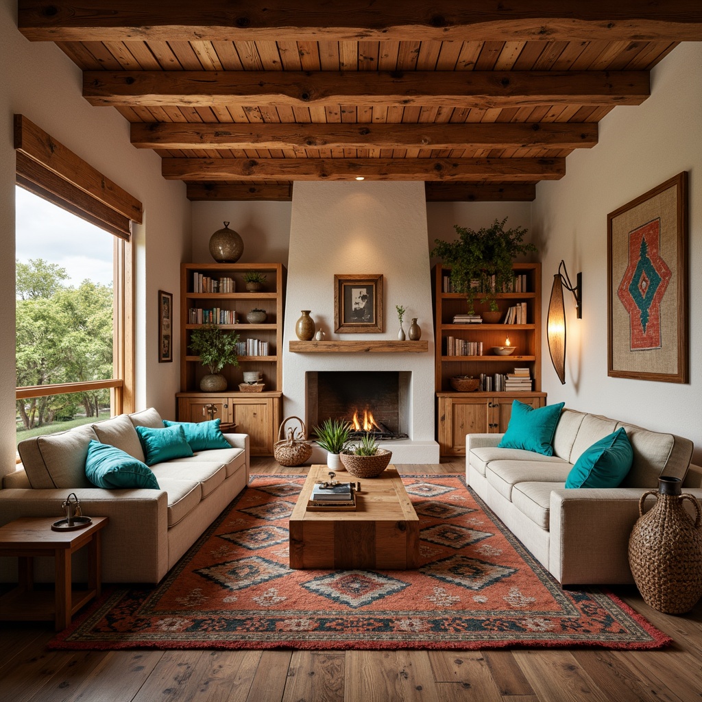 Prompt: Southwestern living room, warm earthy tones, vibrant turquoise accents, woven Navajo-inspired textiles, plush furnishings, geometric patterned rugs, natural fiber upholstery, rustic wooden furniture, exposed beam ceiling, stone fireplace, cozy reading nook, ambient soft lighting, 1/1 composition, realistic fabric textures, subtle color grading.