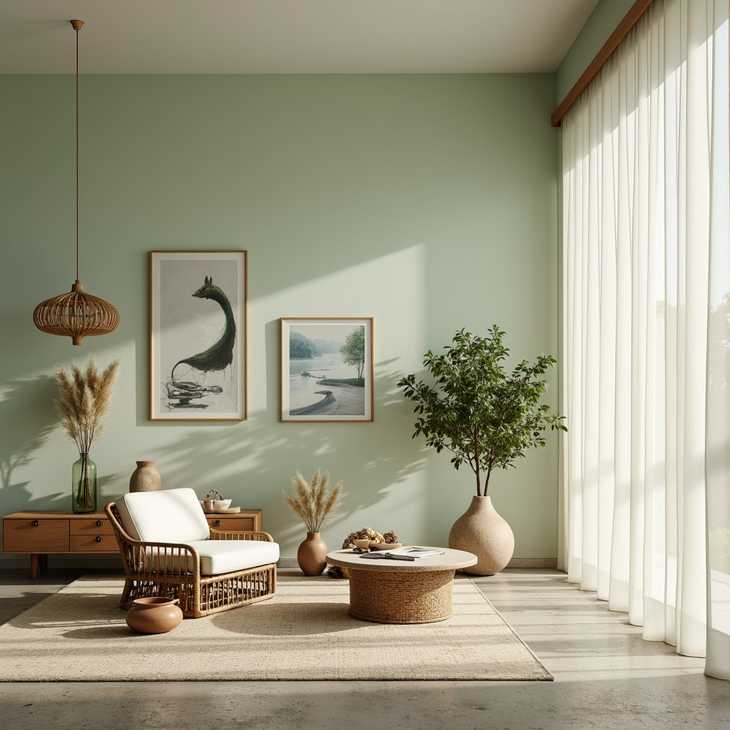 Prompt: Celadon-inspired design, soft pale green hues, creamy whites, subtle beige tones, delicate blue undertones, earthy terracotta accents, natural linen textures, woven rattan furniture, organic shapes, minimalist decor, serene ambiance, warm soft lighting, shallow depth of field, 3/4 composition, intimate atmosphere, realistic renderings, ambient occlusion.