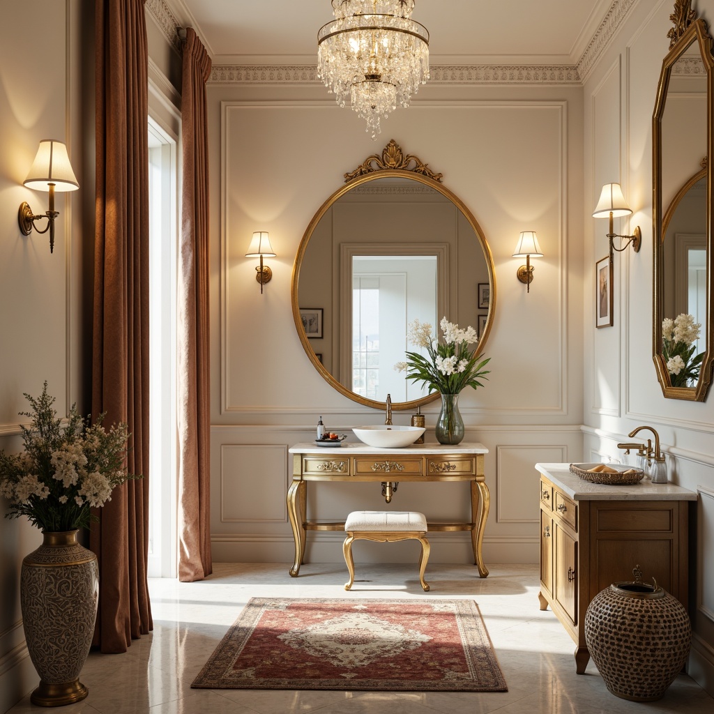 Prompt: Elegant powder room, soft warm lighting, marble countertops, ornate mirrors, plush area rug, luxurious velvet drapes, delicate crystal chandelier, feminine vanity table, tufted stool, decorative wall sconces, metallic gold accents, subtle floral patterns, creamy white walls, compact storage cabinets, stylish console tables, ornamental vases, refreshing greenery, serene ambiance, shallow depth of field, 1/2 composition, soft focus, warm color palette.