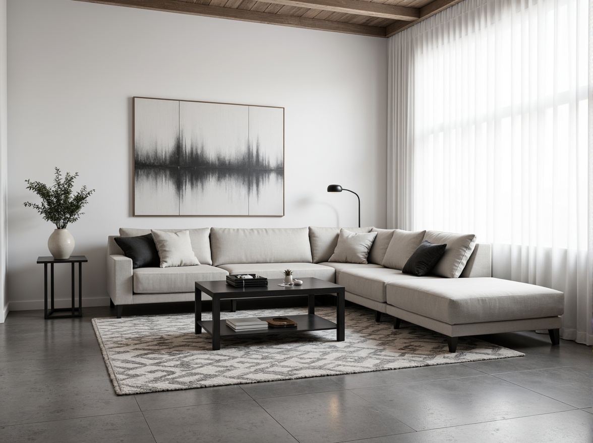 Prompt: Minimalist living room, sleek low-profile sofa, monochromatic color scheme, matte black coffee table, geometric-patterned rug, industrial-chic metal floor lamp, sparse decor, abundant natural light, sheer white curtains, polished concrete floors, modern abstract artwork, neutral-toned walls, subtle textures, airy atmosphere, shallow depth of field, 1/1 composition, softbox lighting, realistic reflections.