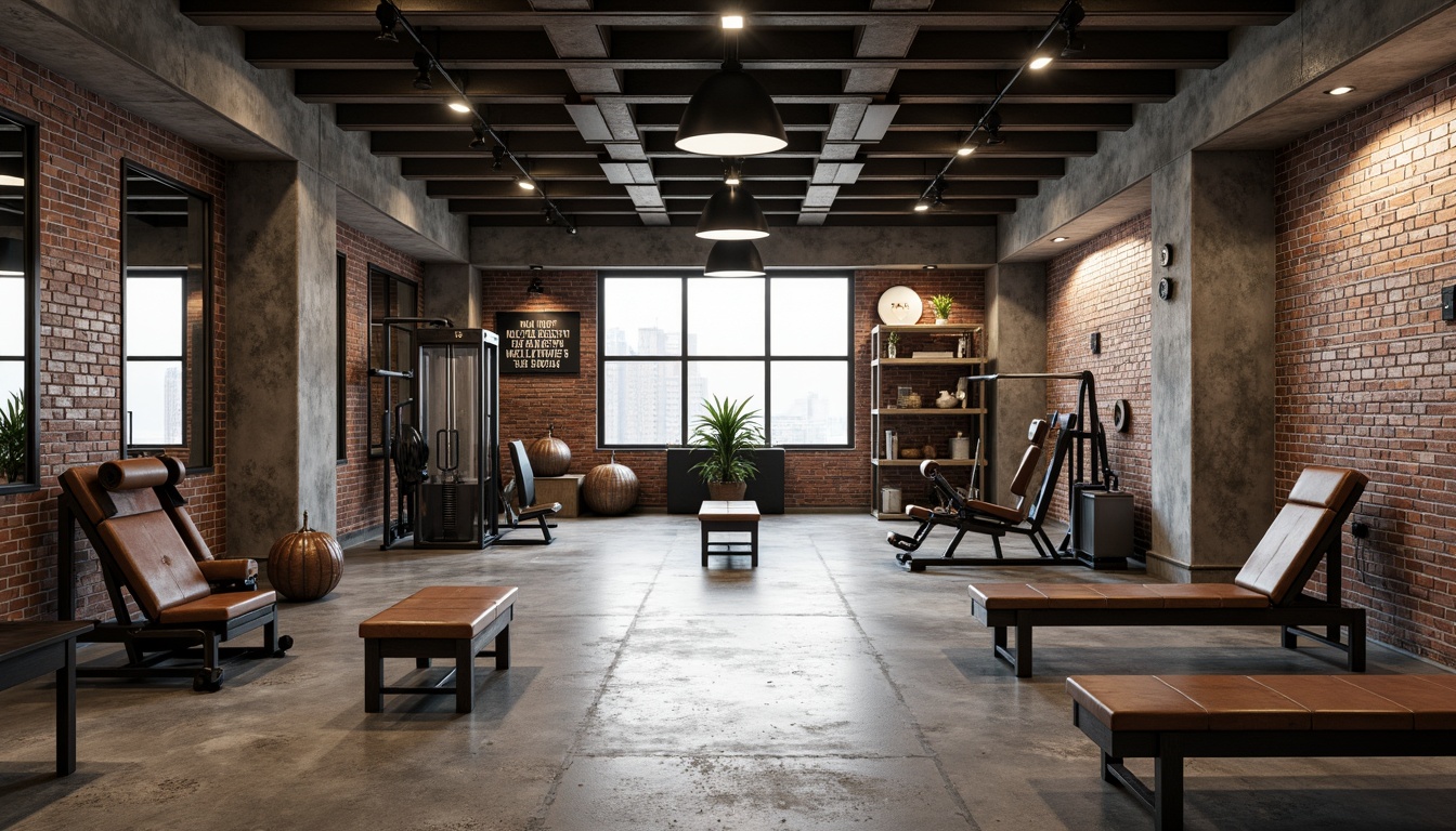 Prompt: Rustic industrial home gym, metal beams, exposed brick walls, concrete floors, modern fitness equipment, free weights, exercise machines, mirrored walls, motivational quotes, urban lighting fixtures, functional shelving units, wooden benches, distressed leather upholstery, metallic accents, raw concrete columns, open ceiling design, natural ventilation, abundant natural light, high contrast lighting, 3/4 composition, symmetrical framing, realistic textures, subtle ambient occlusion.