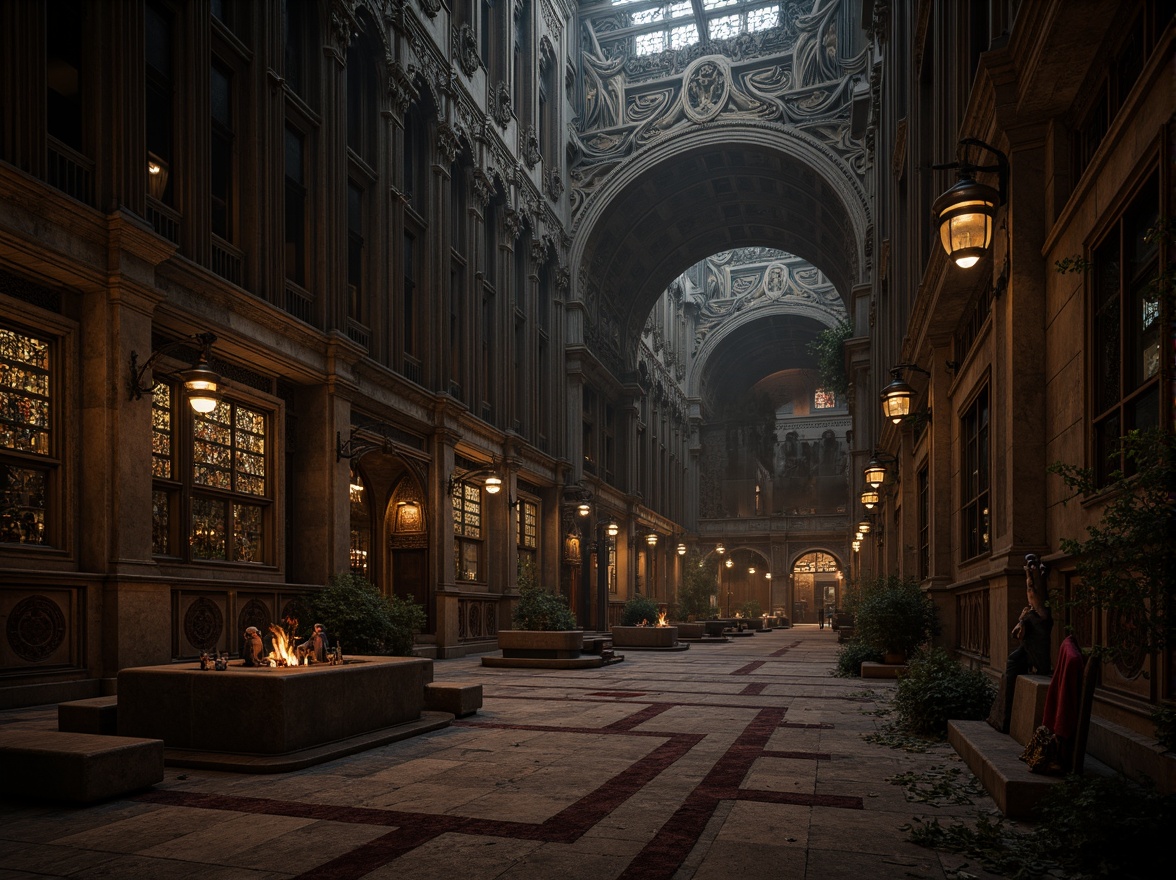 Prompt: Intricate stone carvings, ornate facades, ribbed vaults, pointed arches, flying buttresses, grandiose cathedrals, dramatic lighting, mysterious ambiance, rich textures, luxurious materials, velvet drapes, golden accents, mystical symbols, eerie shadows, 1/2 composition, low-key lighting, atmospheric perspective.