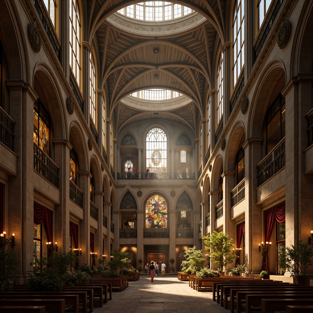 Prompt: Grandiose cathedral, soaring arches, ribbed vaults, stained glass windows, intricate stone carvings, ornate pinnacles, flying buttresses, grand entrance doors, lavish furnishings, rich tapestries, mystical ambiance, warm golden lighting, dramatic shadows, high contrast, 1/2 composition, symmetrical balance, detailed textures, atmospheric fog.