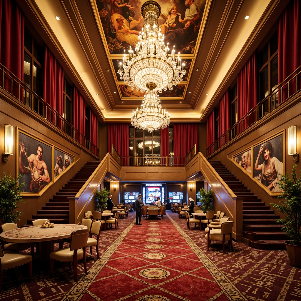 Prompt: Luxurious casino interior, ornate chandeliers, rich velvet drapes, intricately patterned rugs, golden accents, lavish furnishings, grand staircase, opulent crystal fixtures, vibrant colorful murals, decorative molding, warm ambient lighting, soft focus, shallow depth of field, 2/3 composition, realistic textures, subtle specularity.