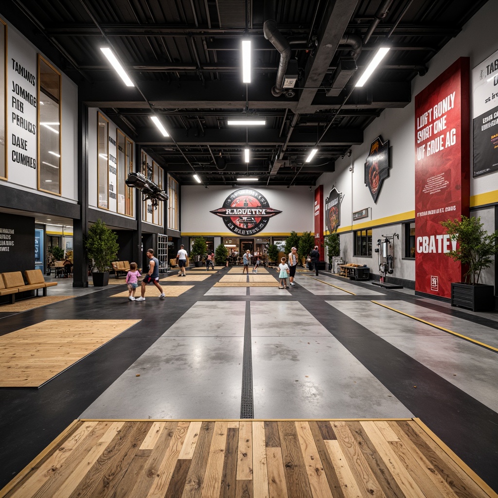 Prompt: Exposed concrete flooring, industrial-style rubber mats, reclaimed wood planks, metallic epoxy coatings, distressed wooden boards, athletic track surfaces, sports-themed decals, motivational quotes, heavy-duty gym equipment, functional training zones, dynamic color schemes, high-contrast lighting, urban loft atmosphere, modern industrial decor, raw concrete textures, bold geometric patterns.