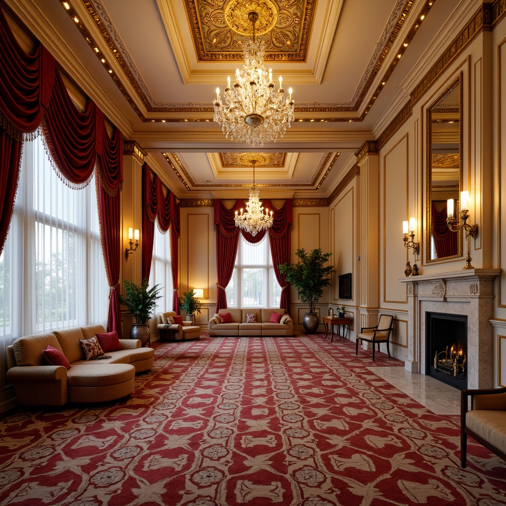 Prompt: Richly patterned carpet, luxurious velvet drapes, ornate gold leaf accents, intricate moldings, grand chandeliers, lavish furnishings, warm beige walls, decorative ceiling tiles, elegant crown molding, sophisticated wainscoting, refined wood paneling, lavish marble floors, opulent crystal fixtures, dramatic archways, majestic columns, soft warm lighting, 1/1 composition, realistic textures, ambient occlusion.