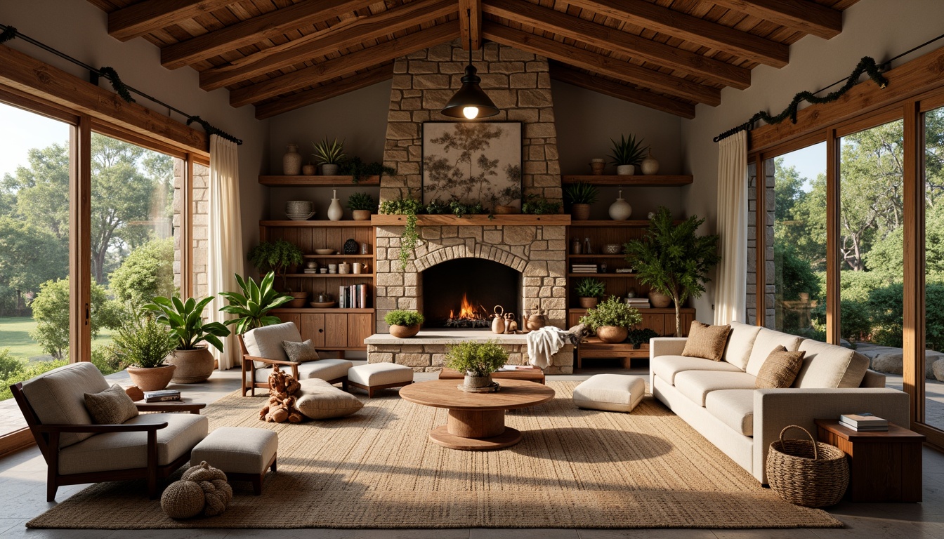 Prompt: Cozy rustic villa, wooden accents, stone fireplaces, plush furnishings, natural textiles, earthy color palette, vaulted ceilings, large windows, abundant daylight, soft warm lighting, shallow depth of field, 3/4 composition, panoramic view, realistic textures, ambient occlusion, lush greenery, potted plants, botanical patterns, woven baskets, vintage decor, distressed wood, rough-hewn beams, natural stone walls, rustic metal fixtures.