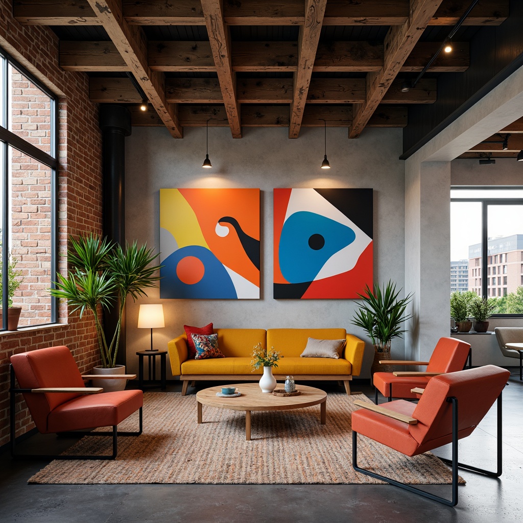 Prompt: Vibrant art studio, eclectic furniture, abstract artwork, bold color blocking, contrasting textures, modern industrial decor, exposed brick walls, polished concrete floors, sleek metal accents, natural wood tones, warm task lighting, soft ambient glow, 1/1 composition, shallow depth of field, realistic rendering.