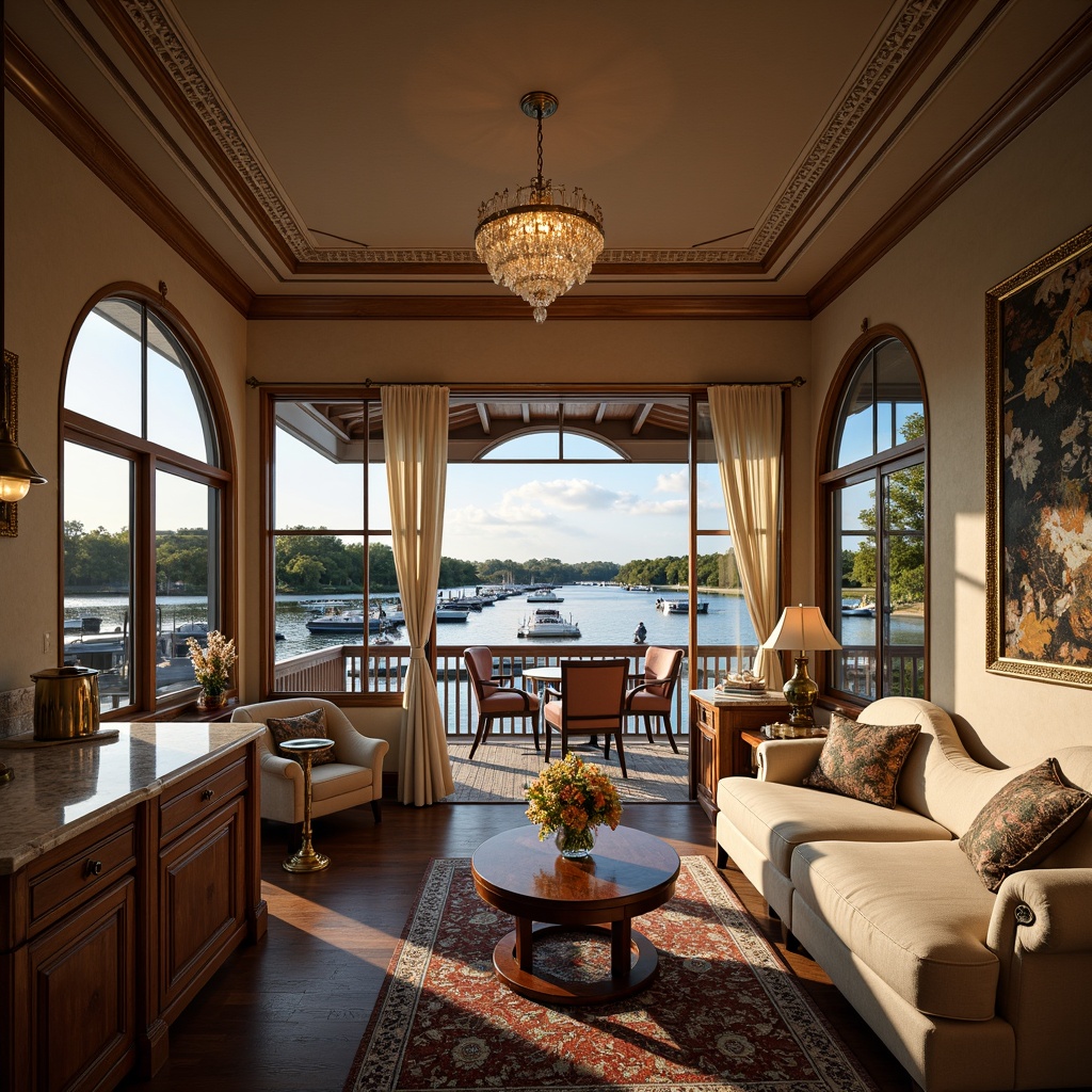 Prompt: Elegant boathouse, waterfront setting, calm lake views, rustic wooden docks, vintage nautical elements, ornate golden fixtures, plush velvet sofas, intricately carved wooden furniture, soft cream-colored upholstery, polished brass accents, crystal chandeliers, refined marble countertops, warm beige walls, richly textured rugs, lavish drapery, subtle natural lighting, shallow depth of field, 1/2 composition, cinematic color grading, detailed realistic textures.