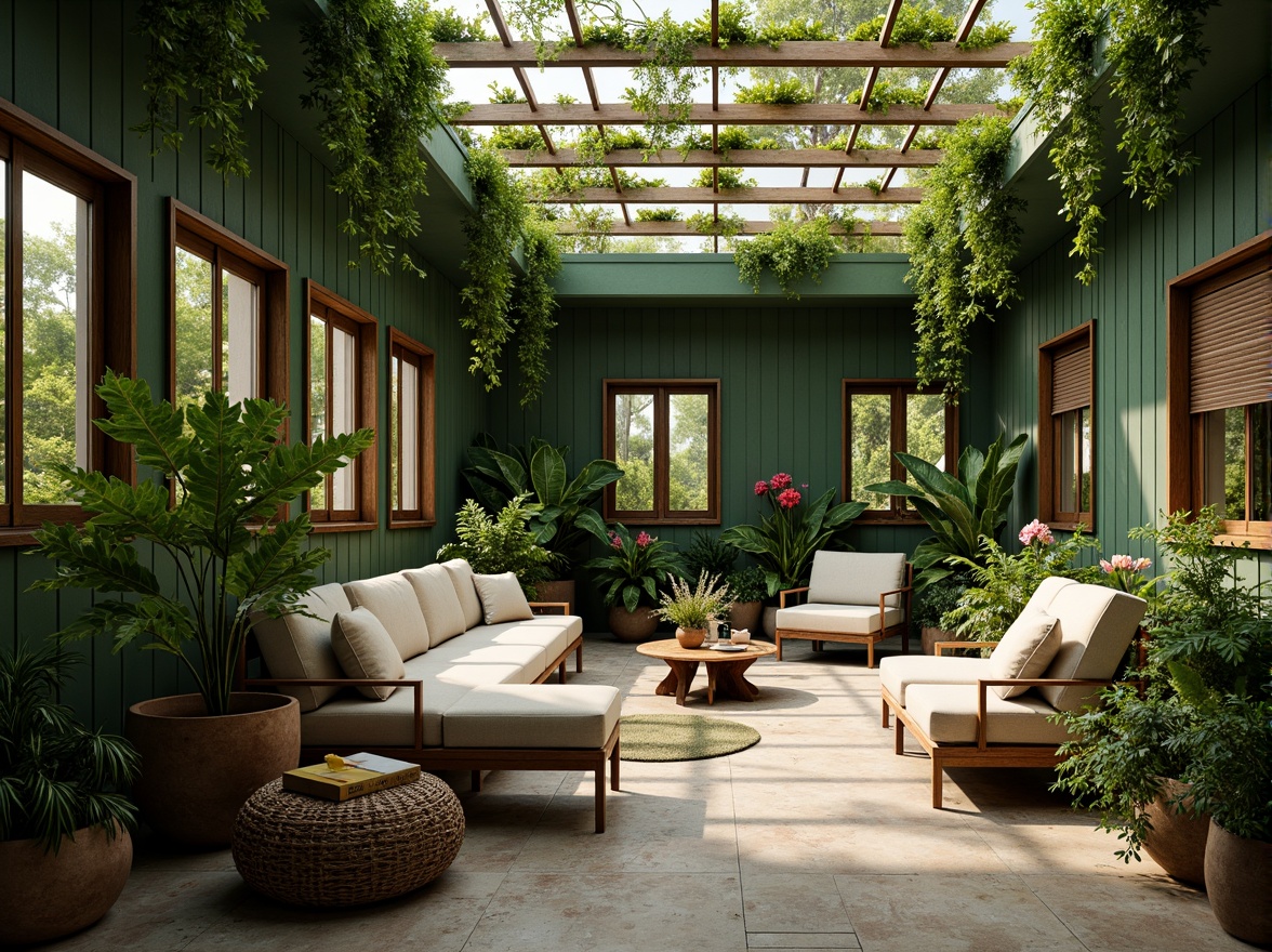 Prompt: Lush indoor oasis, natural stone flooring, green walls, tropical plants, exotic flowers, hanging vines, rattan furniture, woven baskets, earthy color palette, soft warm lighting, shallow depth of field, 3/4 composition, realistic textures, ambient occlusion, cozy reading nooks, comfortable seating areas, calming ambiance, air-purifying plants, natural humidity control, minimalist decor, organic shapes, wooden accents, serene atmosphere.