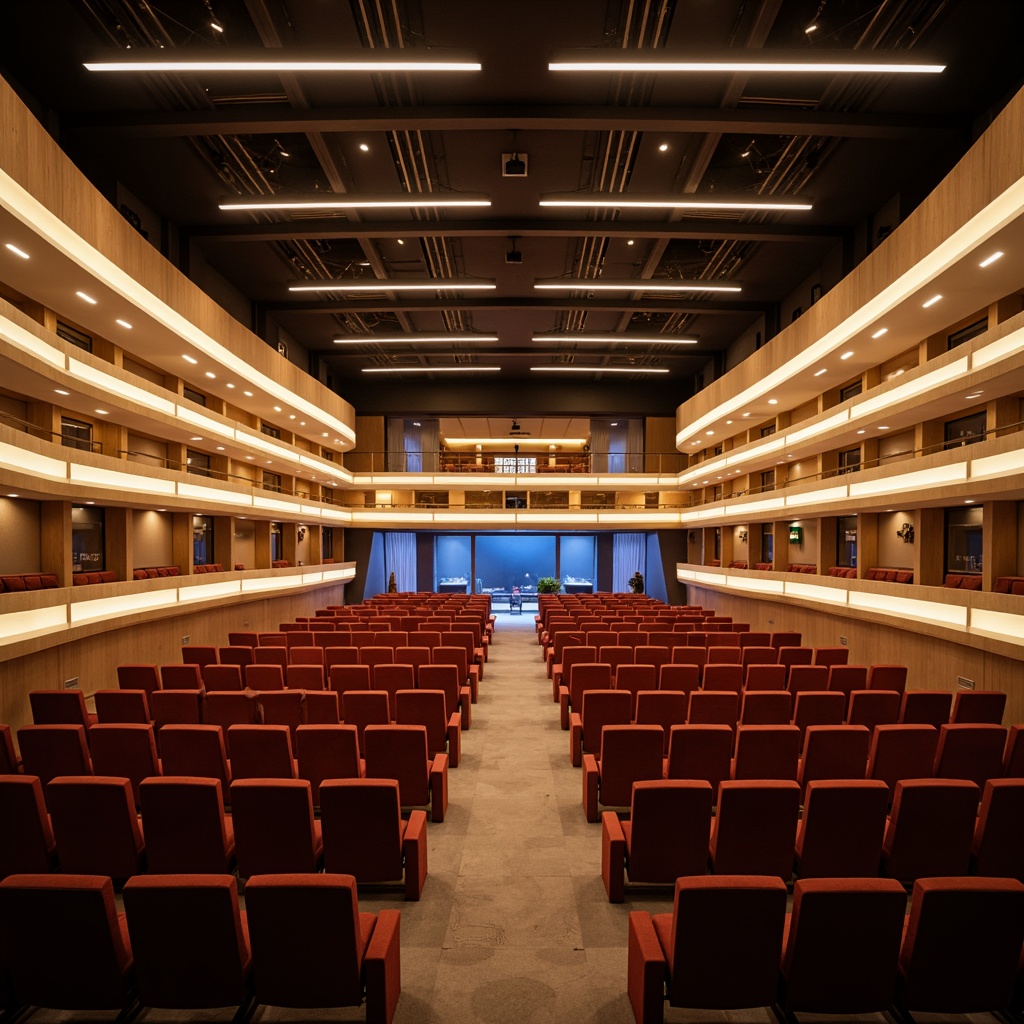 Prompt: Streamlined modern auditorium, sleek curved lines, minimalist decor, warm neutral tones, recessed LED lighting, suspended ceiling fixtures, floor-to-ceiling windows, transparent glass walls, polished chrome accents, luxurious velvet seats, stepped seating arrangement, grand stage presence, dramatic spotlights, soft ambient glow, subtle color temperature shifts, 1/2 composition, cinematic wide-angle view, realistic shadowing, advanced acoustic engineering.