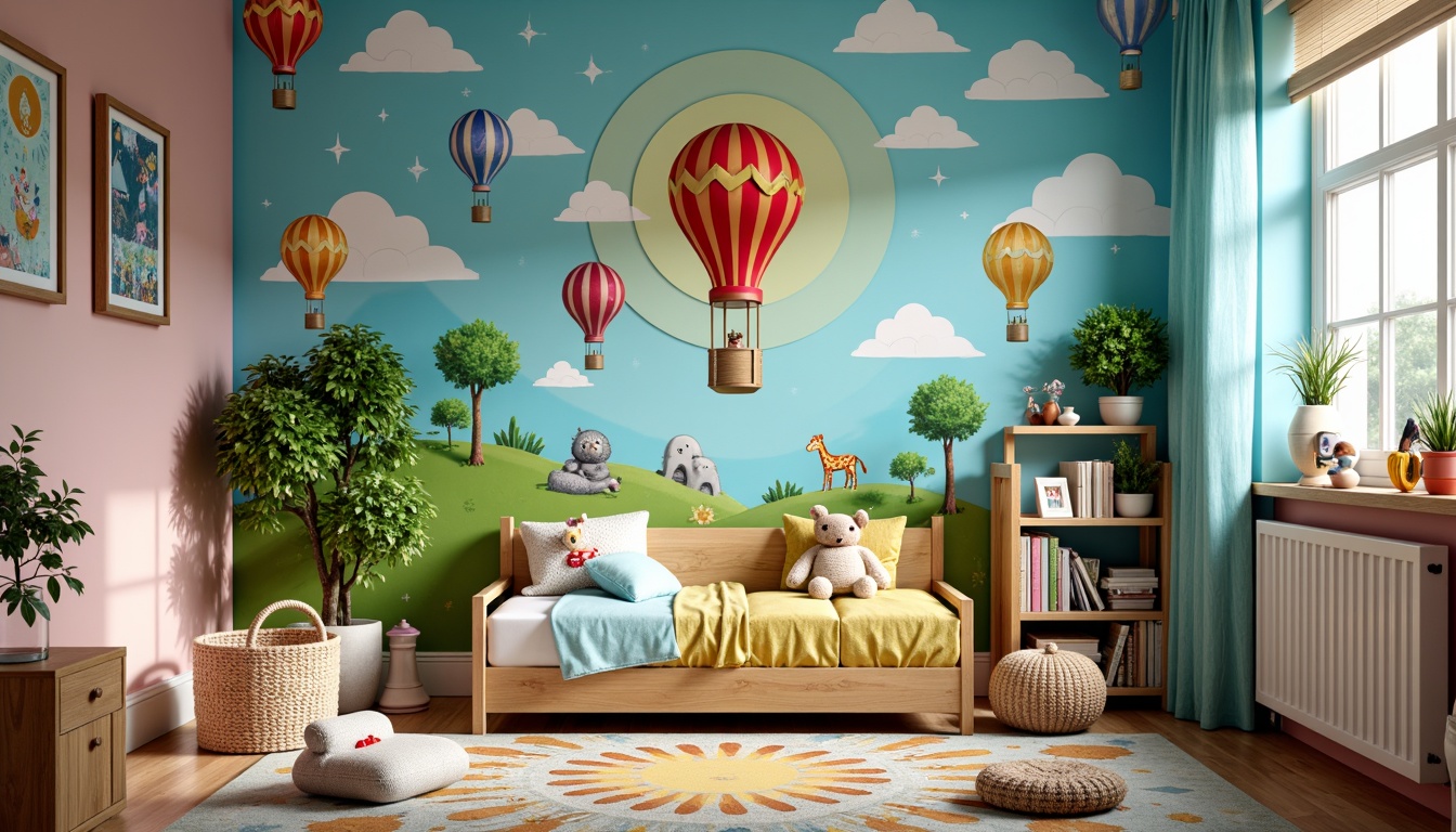 Prompt: Vibrant kids' room, whimsical wall art, playful colors, cartoon characters, fantasy creatures, hot air balloons, fluffy clouds, sunny skies, wooden frames, canvas prints, textured fabrics, 3D decorations, shiny stars, glowing moons, magical forests, adventurous landscapes, friendly animals, bold typography, colorful patterns, eclectic compositions, soft focus, warm lighting, shallow depth of field.