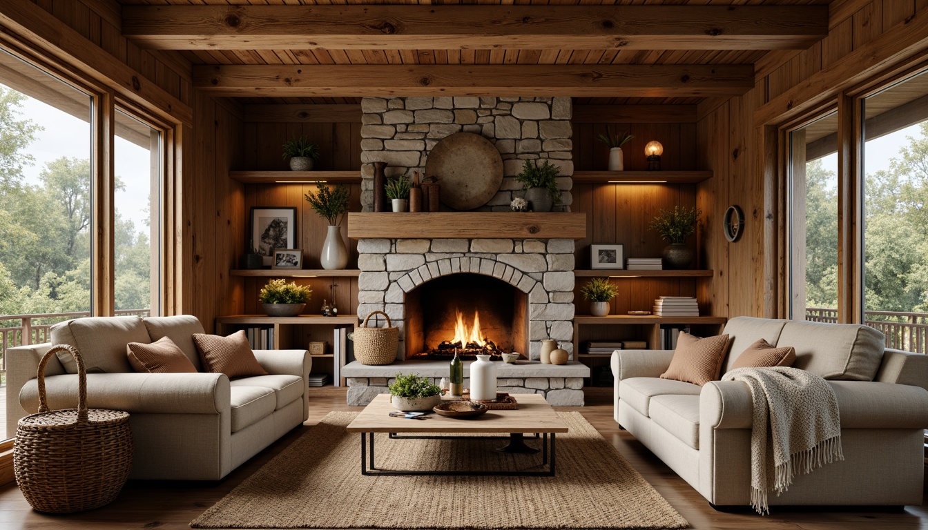 Prompt: Rustic family room, wooden accents, natural stone walls, earthy color palette, plush throw blankets, woven baskets, vintage decorative items, distressed wood furniture, cozy fireplace, soft warm lighting, shallow depth of field, 3/4 composition, panoramic view, realistic textures, ambient occlusion.