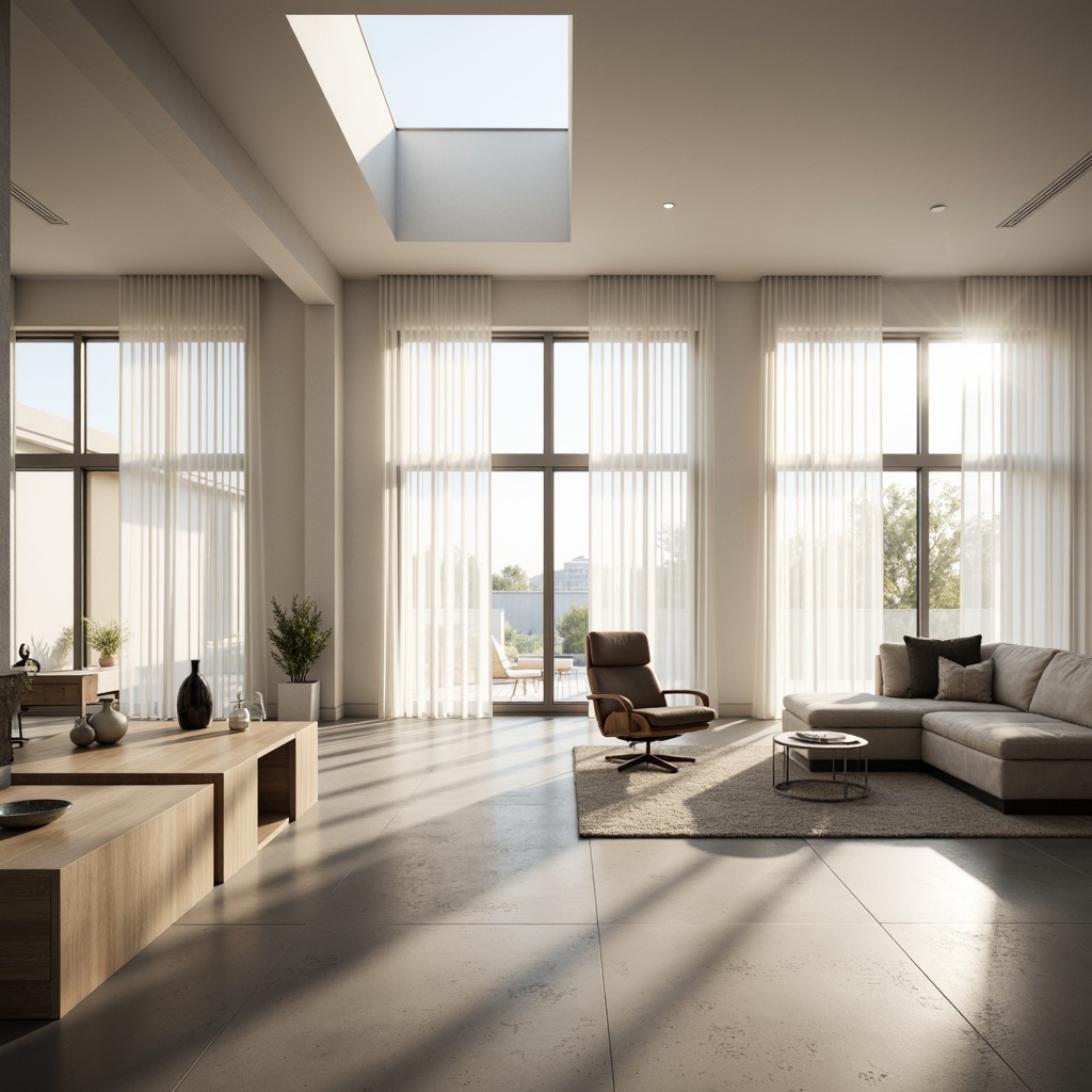 Prompt: Minimalist interior, sparse decor, natural light pouring in, large windows, sliding glass doors, sheer white curtains, polished concrete floors, sleek low-profile furniture, subtle texture variations, monotone color palette, indirect lighting, ambient shadows, 1/1 composition, soft focus blur, warm sunny day, gentle diffused light, floor-to-ceiling openings, clerestory windows, skylights, reflective surfaces, industrial-chic accents.