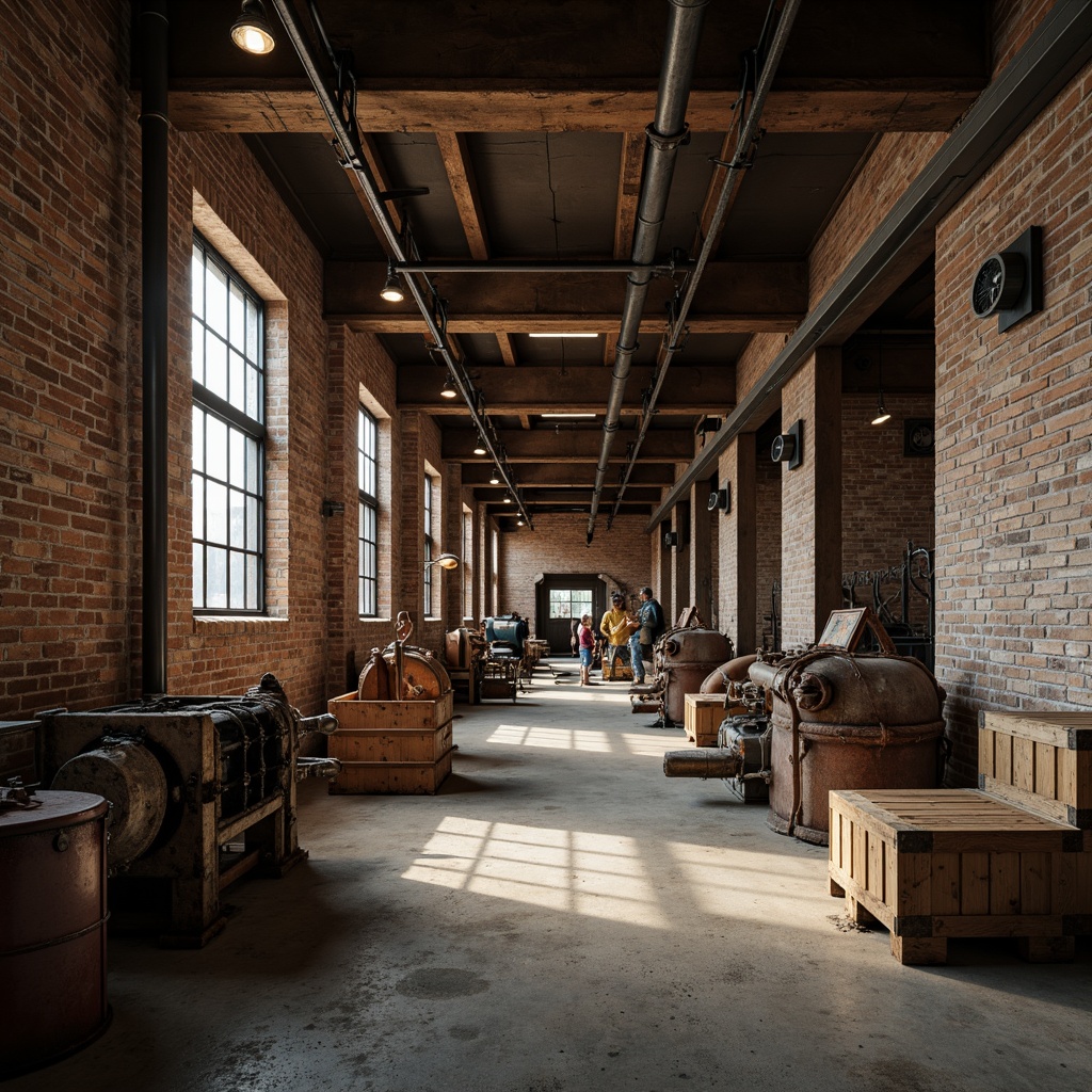 Prompt: Industrial factory interior, exposed brick walls, metallic beams, concrete floors, rusted machinery, worn wooden crates, vintage factory lights, distressed metal surfaces, rough stone textures, earthy color palette, warm soft lighting, shallow depth of field, 1/1 composition, realistic render, ambient occlusion.