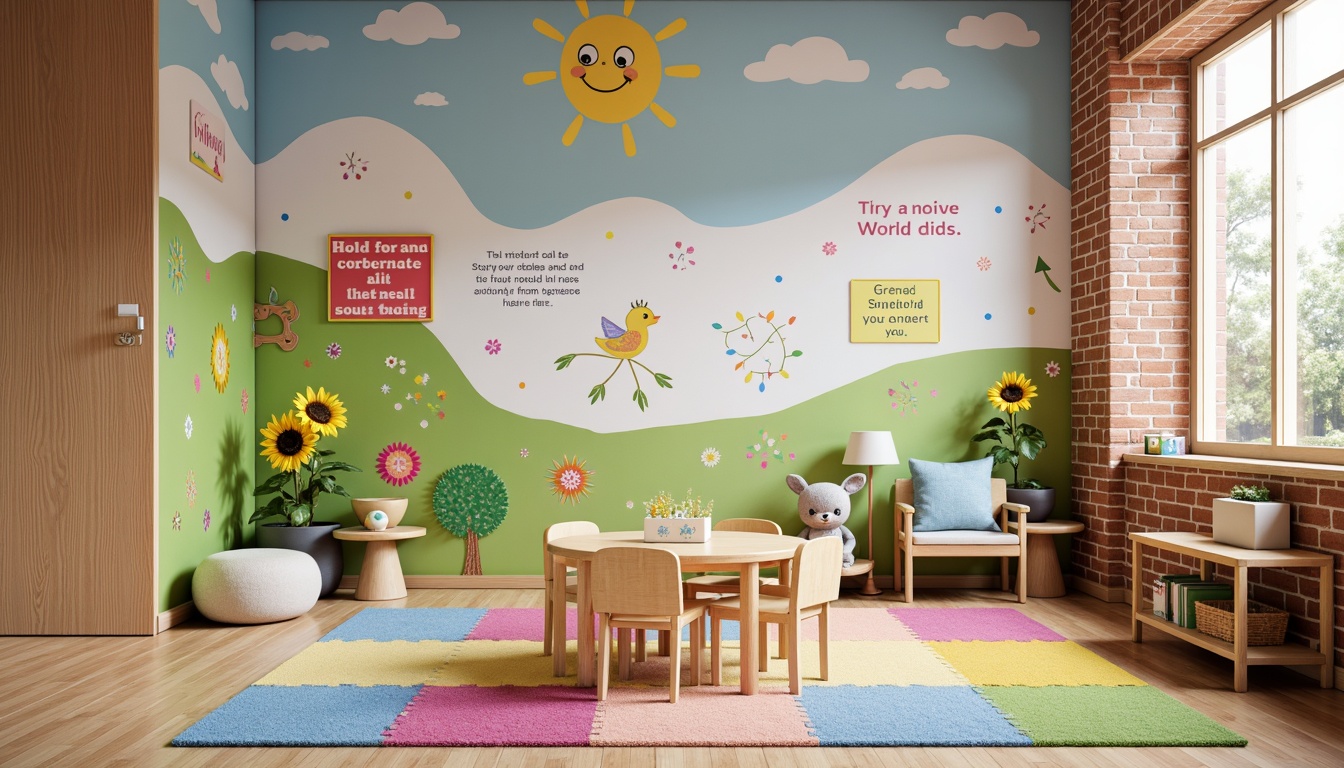 Prompt: Whimsical kindergarten classroom, vibrant wall murals, colorful alphabet decals, playful polka dots, educational charts, inspirational quotes, soft pastel colors, textured brick walls, natural wood accents, cozy reading nooks, plush area rugs, circular tables, tiny chairs, cheerful sunflowers, bright blue skies, fluffy white clouds, gentle warm lighting, shallow depth of field, 1/1 composition, realistic textures, ambient occlusion.