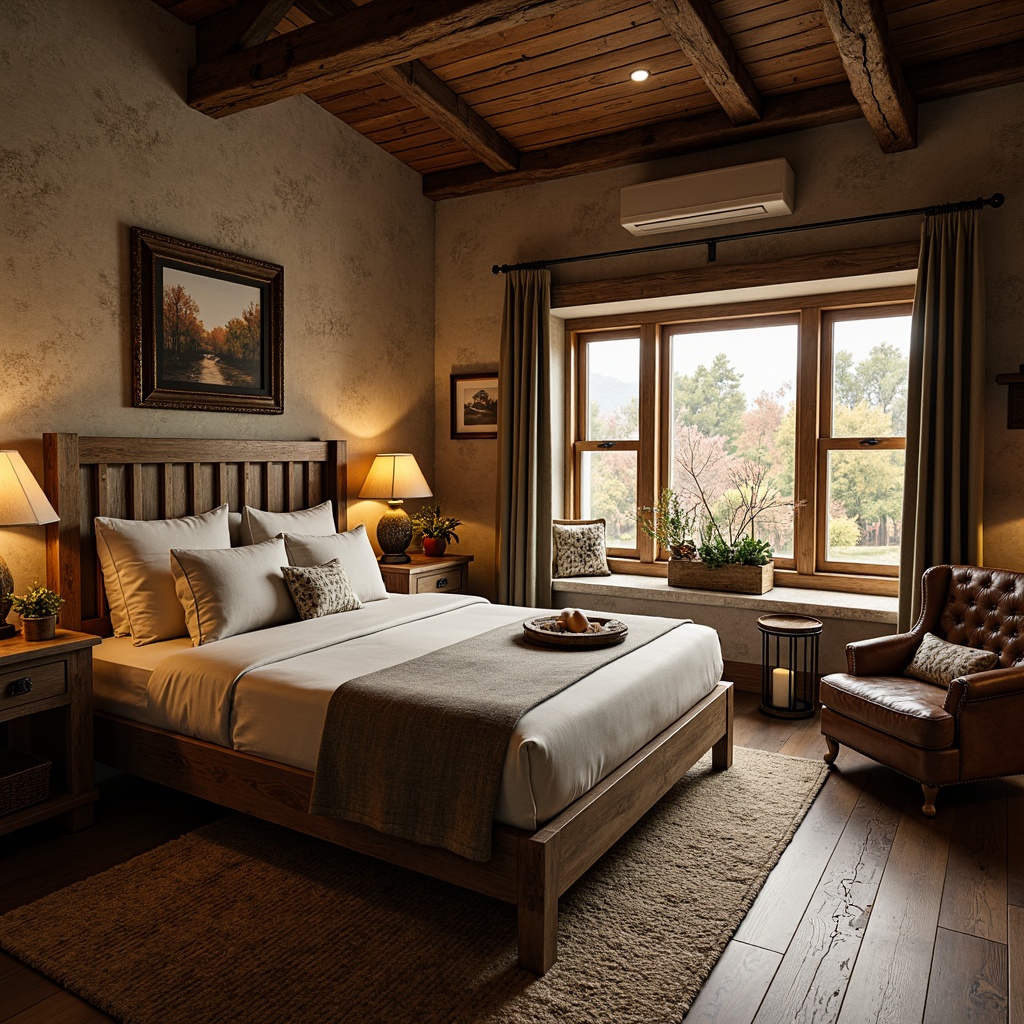 Prompt: Rustic bedroom, distressed wood furniture, vintage metal decor, earthy color palette, natural stone walls, plush area rug, comfortable linen bedding, wooden beam ceiling, soft warm lighting, candle lanterns, woven baskets, potted greenery, nature-inspired artwork, cozy reading nook, worn leather armchair, rustic wooden headboard, warm beige tones, cabin-style ambiance, autumnal foliage, scenic landscape views, shallow depth of field, 1/2 composition, realistic textures.