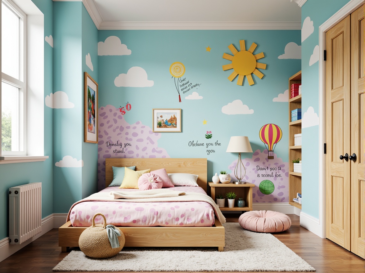 Prompt: Whimsical kids' bedroom, bright colors, playful patterns, custom illustrations, cartoon characters, hot air balloons, fluffy clouds, gentle sunshine, soft pastel hues, textured wallpaper, 3D visual effects, shallow depth of field, vibrant color blocking, abstract shapes, fun typography, inspirational quotes, educational elements, interactive art pieces, dynamic composition, bold brushstrokes, youthful energy.