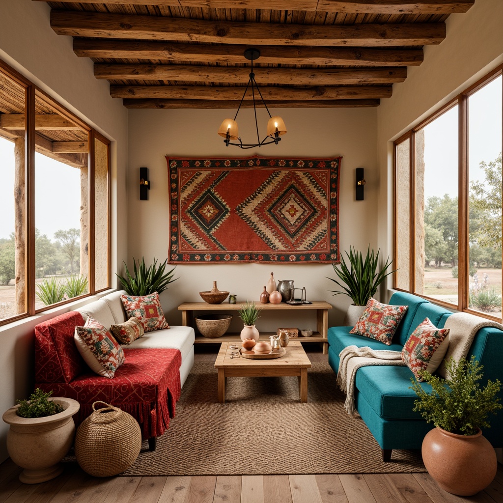 Prompt: Vibrant Southwestern living room, bold geometric patterns, rich turquoise accents, plush throw blankets, woven baskets, rustic wooden furniture, natural fiber rugs, earthy terracotta pottery, warm beige walls, large windows, soft diffused lighting, 1/1 composition, shallow depth of field, realistic textures, ambient occlusion.