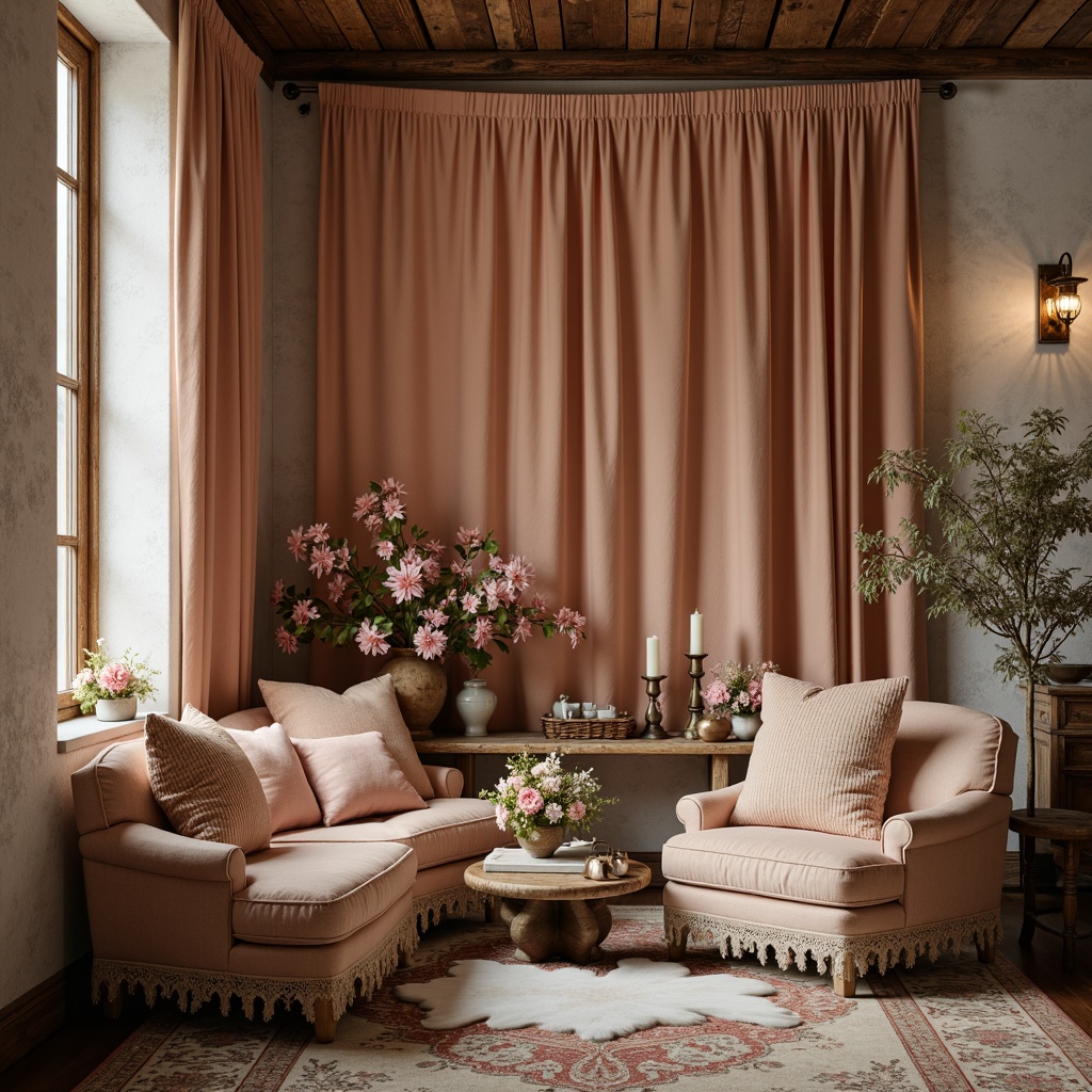 Prompt: Distressed velvet fabrics, soft peach tones, lace trimmings, rustic wooden accents, vintage floral patterns, faded pastel hues, romantic candlelight, warm beige textures, antique furniture pieces, ornate metal fixtures, distressed finishes, natural linen drapes, whimsical decorative items, soft focus photography, 1/1 composition, intimate atmosphere, gentle warm lighting.