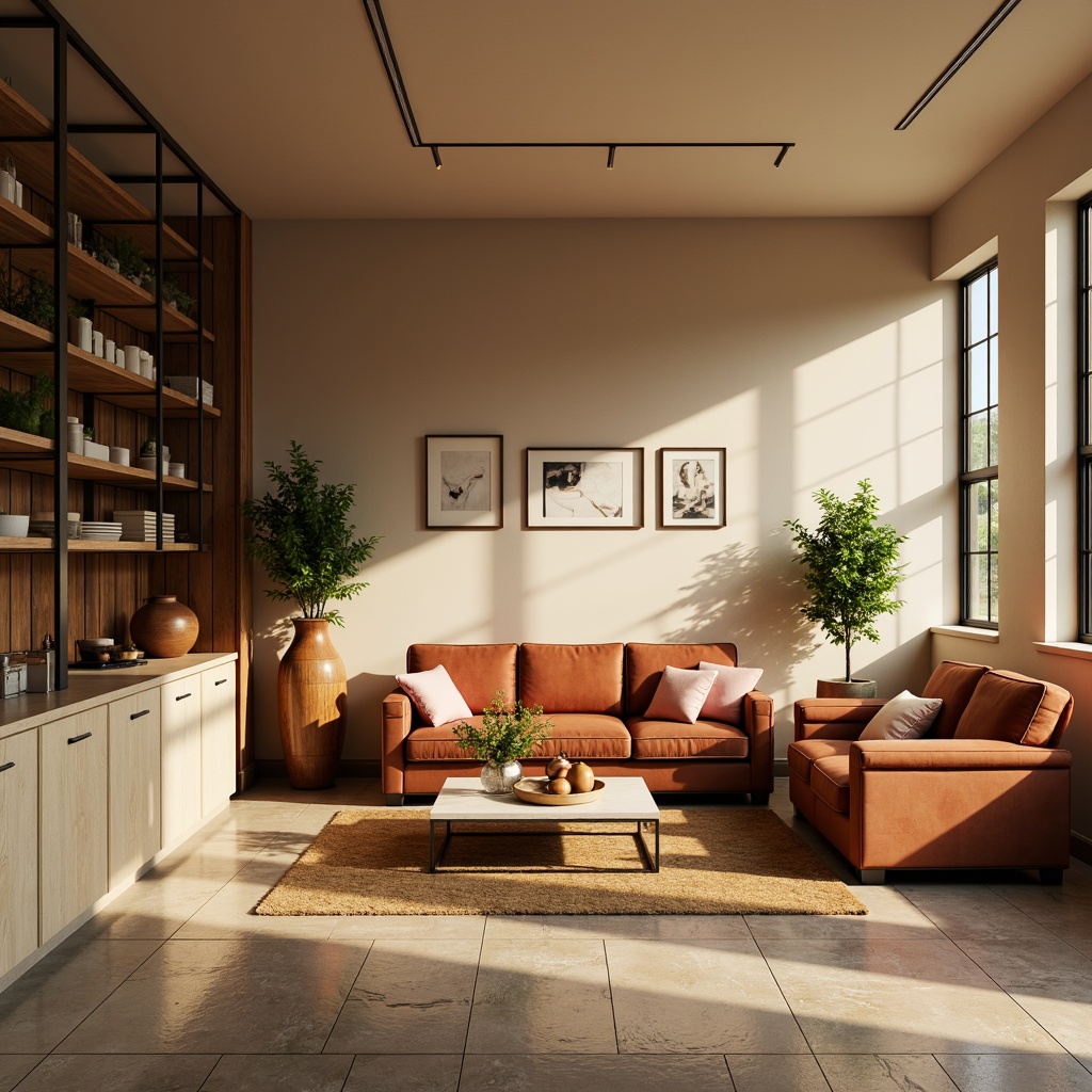 Prompt: Cozy living room, warm beige walls, rich wood furniture, plush velvet sofas, soft golden lighting, natural stone flooring, earthy terracotta vases, vibrant emerald greenery, pastel pink accent pillows, creamy white marble countertops, industrial metal shelving units, minimalist modern decor, warm ambient glow, shallow depth of field, 1/1 composition, realistic textures, subtle color gradations.