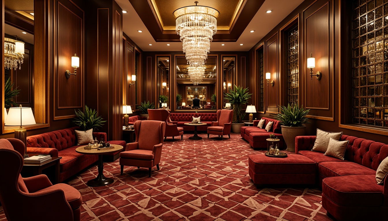 Prompt: Luxurious Art Deco interior, rich velvet fabrics, intricate geometric patterns, metallic accents, lavish furnishings, ornate mirrors, crystal chandeliers, statement walls, bold color schemes, opulent textures, velvety smooth finishes, glamorous ambiance, warm golden lighting, shallow depth of field, 1/2 composition, soft focus, realistic reflections.