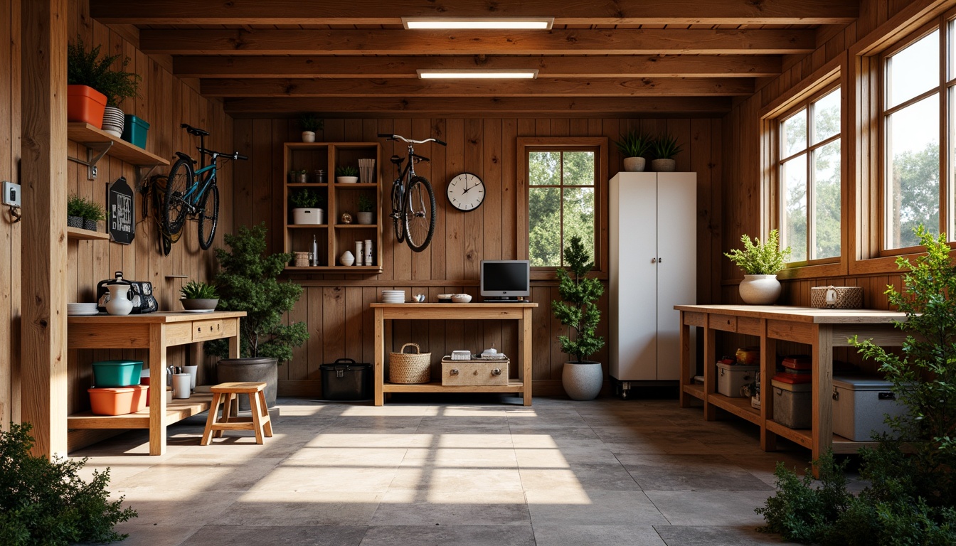 Prompt: Cozy family garage, warm lighting, rustic wood accents, organized tool storage, workbench with vice, metal shelving units, hanging bicycle rack, sports equipment storage, colorful bins and baskets, natural stone flooring, earthy color palette, soft shadows, 3/4 composition, realistic textures, ambient occlusion.