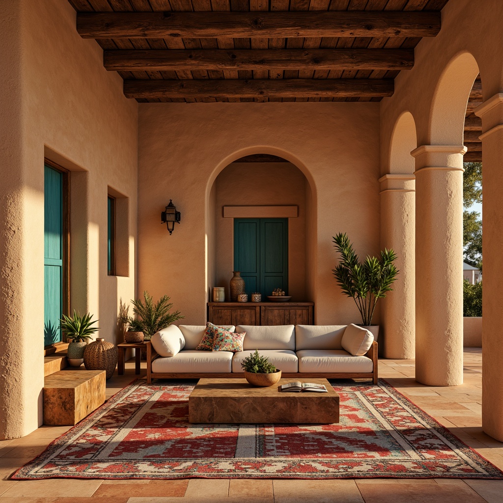 Prompt: Earth-toned adobe walls, turquoise accents, warm terracotta floors, rustic wooden beams, vibrant Native American patterned textiles, woven baskets, natural fiber rugs, sandy beige stone columns, desert-inspired botanicals, cacti centerpieces, warm golden lighting, soft ambient glow, shallow depth of field, 2/3 composition, realistic wood grain textures, atmospheric misting.