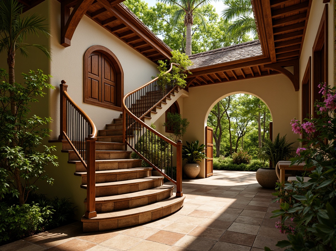 Prompt: Tropical staircase, exotic hardwood railings, ornate balustrades, curved metal supports, lush greenery, vibrant flowers, natural stone steps, polished wooden floors, warm golden lighting, shallow depth of field, 1/1 composition, realistic textures, ambient occlusion, Caribbean-inspired design, intricate carvings, elegant archways.