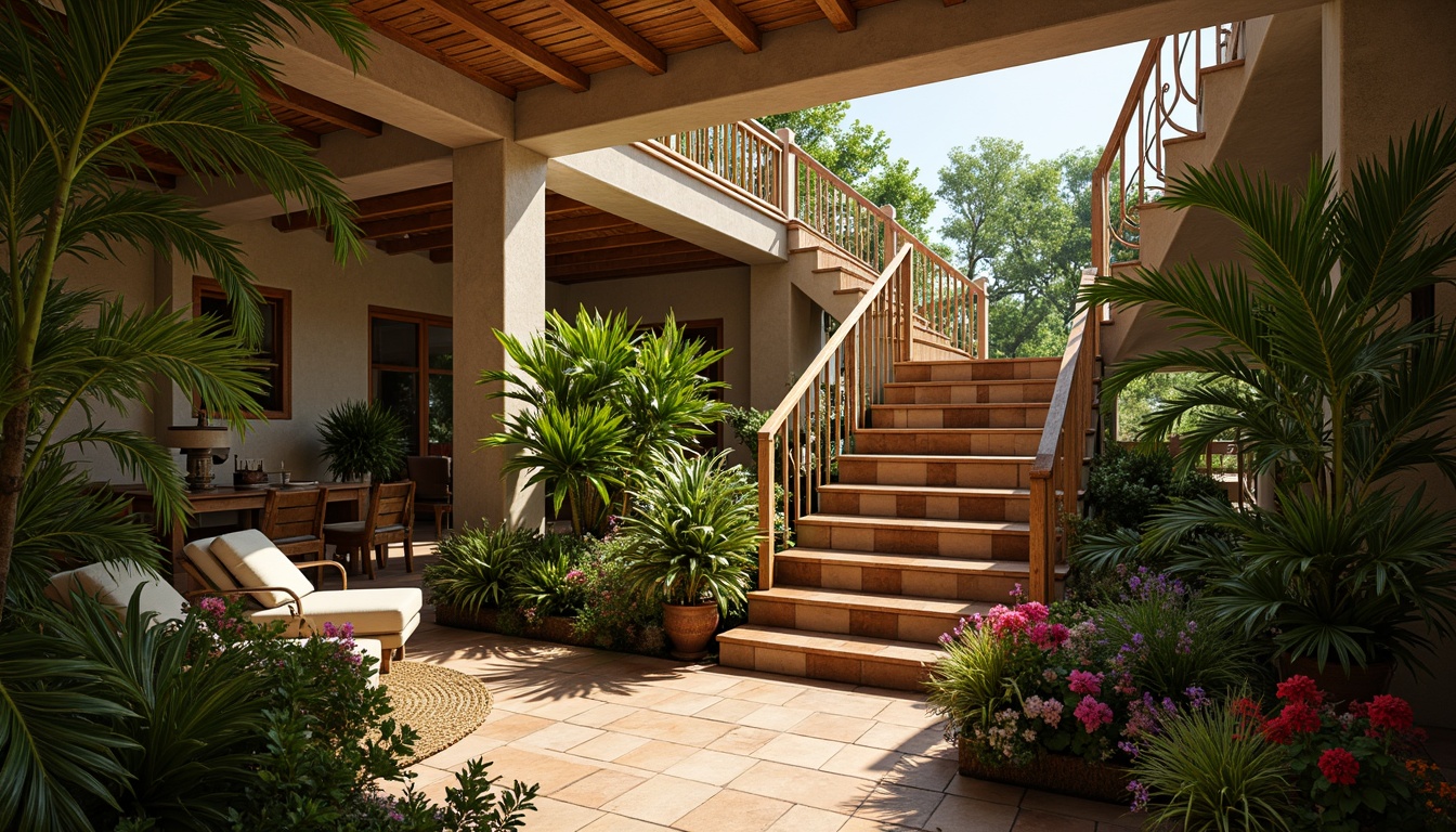 Prompt: Tropical staircase, ornate balustrades, curved handrails, wooden treads, exotic hardwoods, polished surfaces, natural textures, lush greenery, potted plants, bright colorful flowers, airy open spaces, high ceilings, warm sunny lighting, shallow depth of field, 3/4 composition, realistic reflections, ambient occlusion.