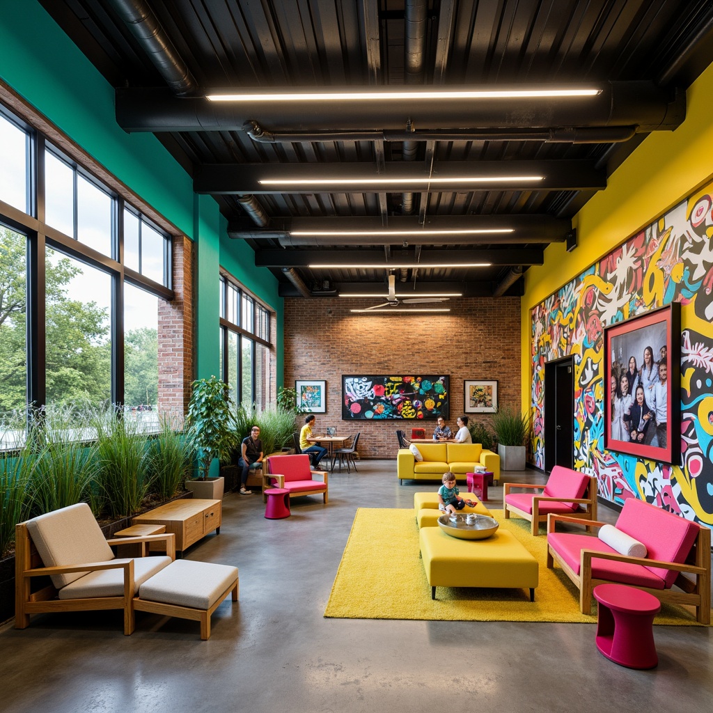 Prompt: Vibrant youth center, eclectic mix of colors, bold graffiti walls, bright turquoise accents, sunny yellow furniture, hot pink decorative elements, lime green outdoor spaces, abstract street art, urban industrial vibe, exposed brick walls, polished concrete floors, modern metallic fixtures, reclaimed wood textures, cozy lounge areas, dynamic lighting systems, 1/2 composition, shallow depth of field, warm atmospheric effects.