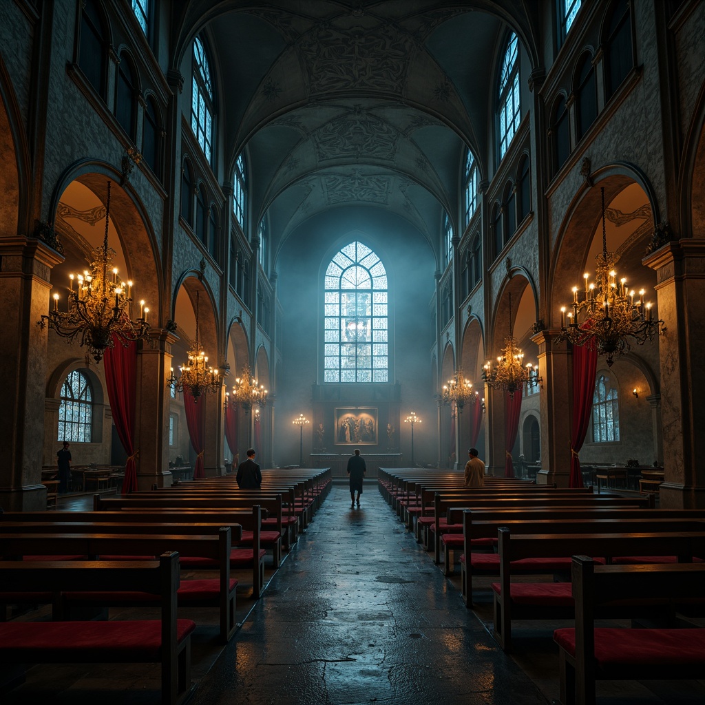 Prompt: Eerie cathedral interior, vaulted ceilings, stained glass windows, ornate stone carvings, mysterious fog, warm candlelight, grand chandeliers, intricate metalwork, dark wood accents, crimson red velvet drapes, mystical ambiance, softbox lighting, low-key illumination, dramatic shadows, eerie silhouettes, 1/2 composition, atmospheric perspective, subtle color grading.