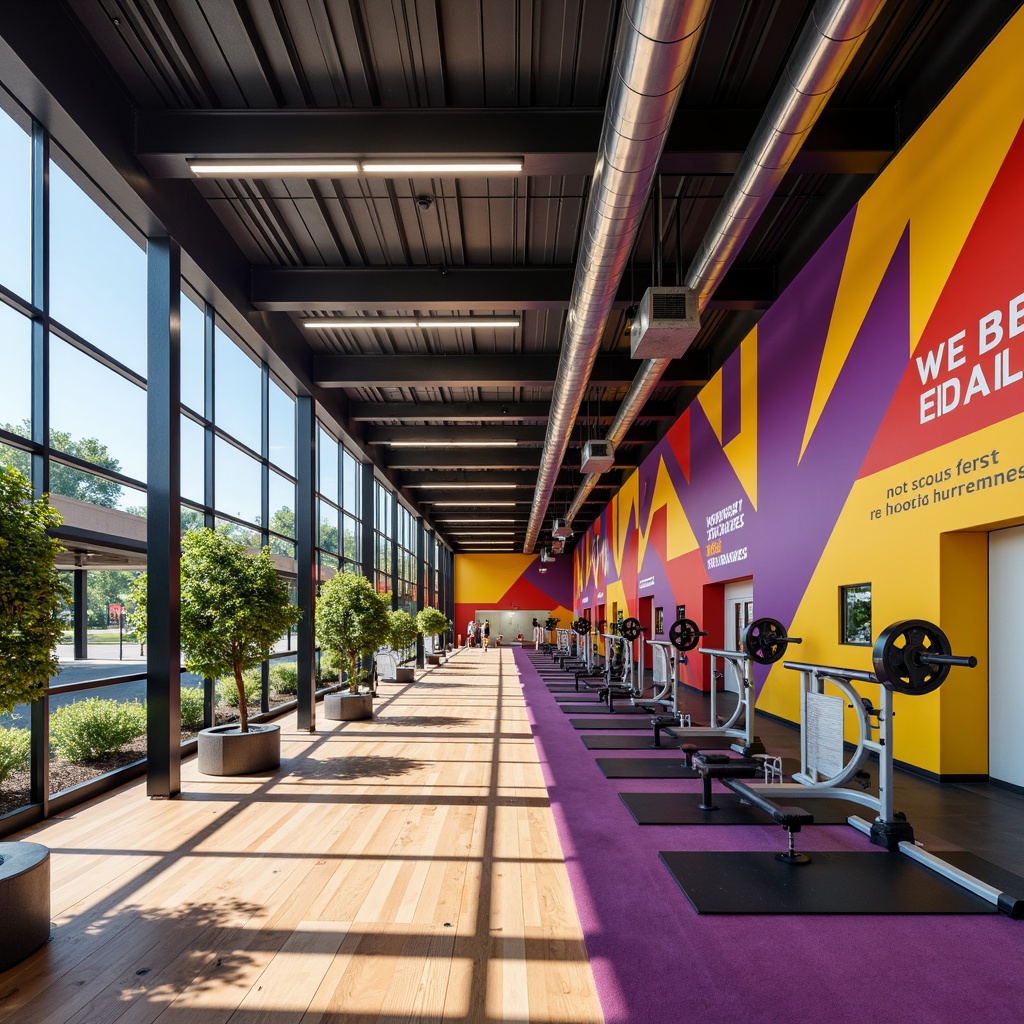 Prompt: Vibrant gym interior, dynamic color scheme, bold accent walls, high-contrast flooring, energizing lighting, athletic equipment, modern metallic structures, motivational quotes, sleek glass railings, polished wooden floors, spacious open areas, natural ventilation systems, bright sunny day, shallow depth of field, 1/1 composition, realistic textures, ambient occlusion.