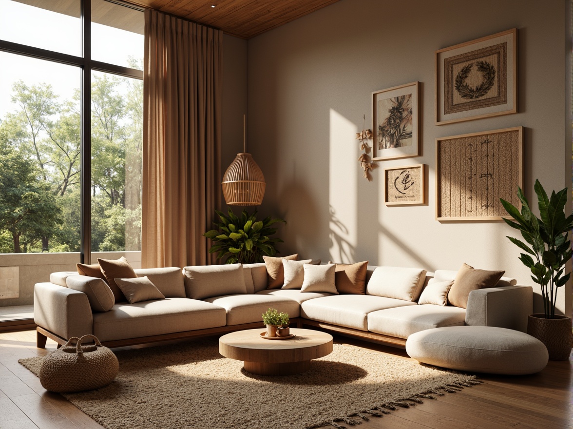 Prompt: Cozy living room, plush throw pillows, soft velvet sofas, warm wooden flooring, natural fiber rugs, woven baskets, tactile upholstery fabrics, earthy tone color palette, organic shapes, minimalist decor, floor-to-ceiling windows, abundant natural light, gentle sunbeams, comfortable seating areas, acoustic panels, sound-absorbing materials, calming ambiance, inviting atmosphere, 1/1 composition, softbox lighting, realistic fabric textures, subtle shadows.