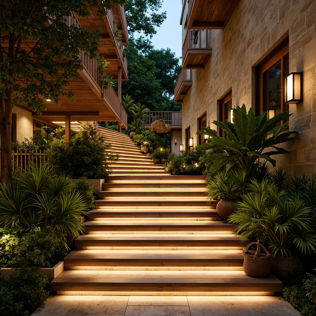 Prompt: Tropical staircase, lush greenery, exotic wood tones, natural stone walls, warm ambiance, soft diffused lighting, LED strip lights, indirect illumination, pendant lamps, rattan shades, warm white color temperature, high ceilings, open spaces, airy atmosphere, subtle shadows, 1/1 composition, symmetrical framing, relaxed mood, vacation vibe, Caribbean-inspired decor, woven textiles, natural fibers.