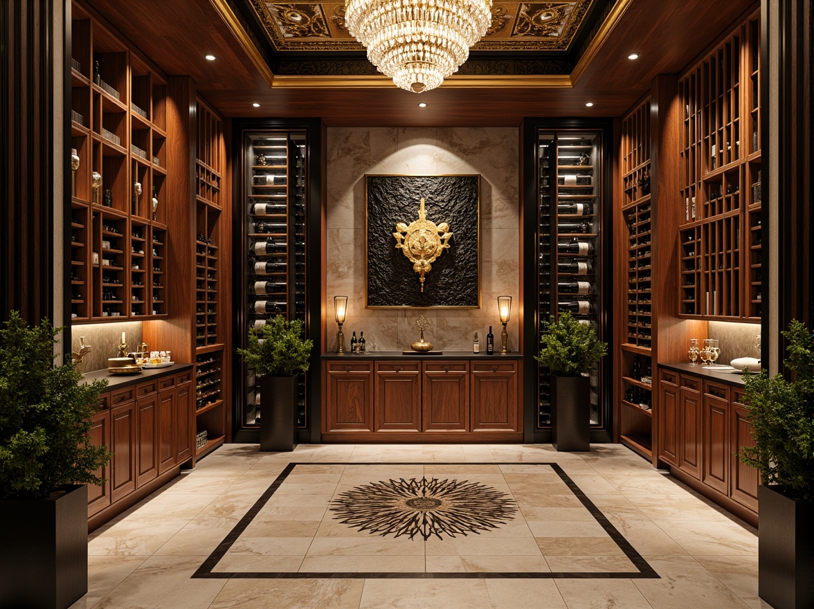 Prompt: Luxurious wine cellar, rich wood tones, ornate metalwork, geometric patterns, bold black accents, metallic gold leafing, opulent velvet drapes, lavish crystal chandeliers, intricate marble flooring, warm beige stone walls, sophisticated neutral background, dramatic spot lighting, 1/1 composition, cinematic depth of field, high-gloss finishes, Art Deco motifs.