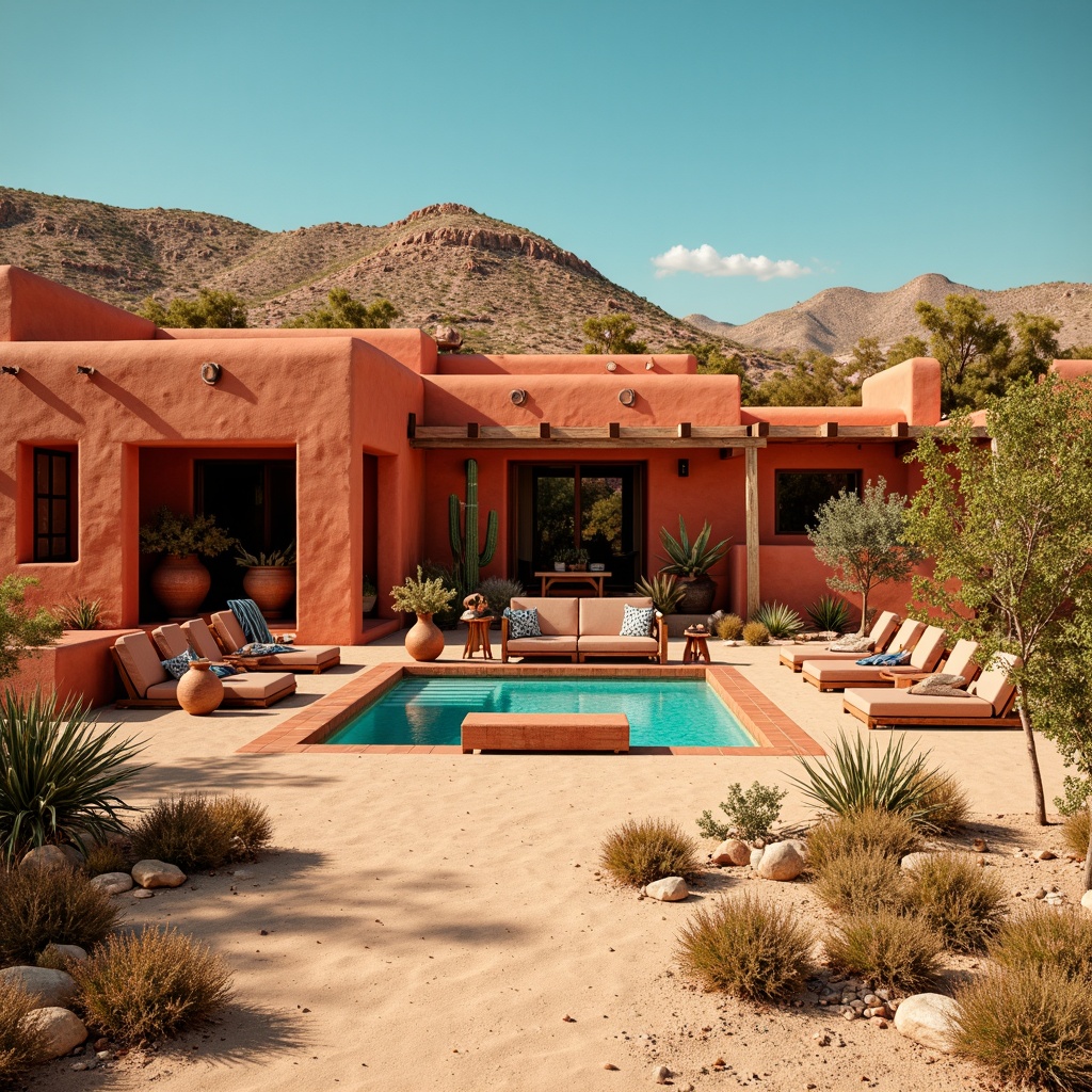 Prompt: Vibrant Southwestern landscape, warm terracotta earth tones, turquoise accents, sandy beige dunes, cactus silhouettes, clear blue skies, rustic adobe architecture, ornate tile work, colorful woven textiles, geometric patterns, bold red and orange hues, soft peach undertones, natural wood furnishings, vintage pottery inspirations, desert flora, sunny afternoon light, high contrast shadows, warm golden hour, cinematic composition, realistic textures.