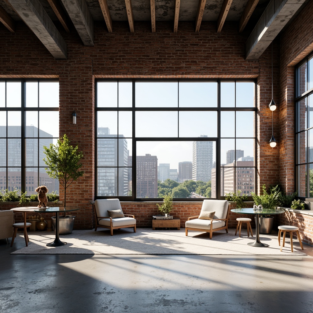 Prompt: Industrial chic loft, exposed brick walls, high ceilings, metal beams, polished concrete floors, minimalist decor, floor-to-ceiling glass windows, transparent glass railings, sleek glass tables, modern pendant lights, urban city views, sunny day, soft natural lighting, shallow depth of field, 1/1 composition, realistic textures, ambient occlusion.