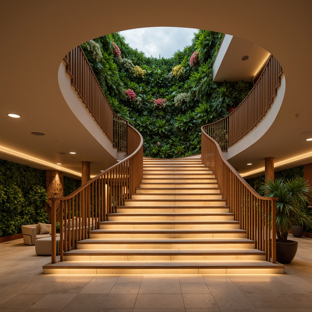 Prompt: Tropical staircase, warm wooden banisters, lush greenery walls, natural stone floors, modern LED lighting, soft warm glow, ambient illumination, concealed fixtures, subtle shadows, cozy atmosphere, warm beige tones, elegant curves, grand entrance, high ceilings, open spaces, airy feel, tropical plants decorations, vibrant flower arrangements, exotic wood accents, polished chrome handrails, minimalist design, functional layout, 1/1 composition, soft focus, warm color temperatures.