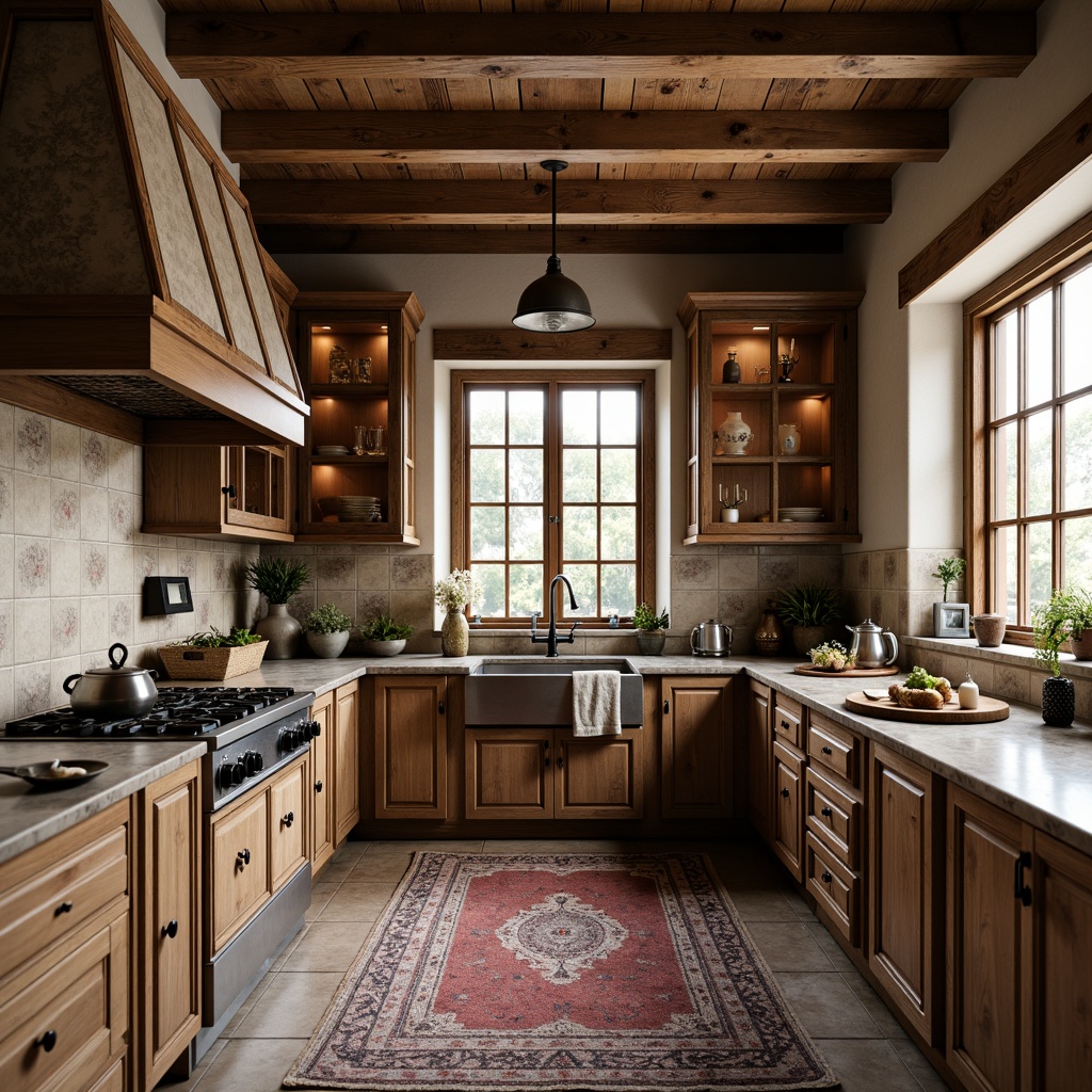 Prompt: Rustic kitchen, vintage cabinetry, distressed wood finishes, ornate metal hardware, earthy color palette, natural stone countertops, farmhouse sink, decorative range hood, antique-inspired lighting fixtures, woven textiles, floral patterns, soft warm glow, cozy atmosphere, 1/1 composition, realistic textures, ambient occlusion.